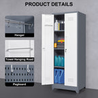 Heavy Duty Grey Metal Storage Cabinet with Locking Doors, Hanging Rod & Shelves, 65' H Broom Closet for Garage or Basement - 
