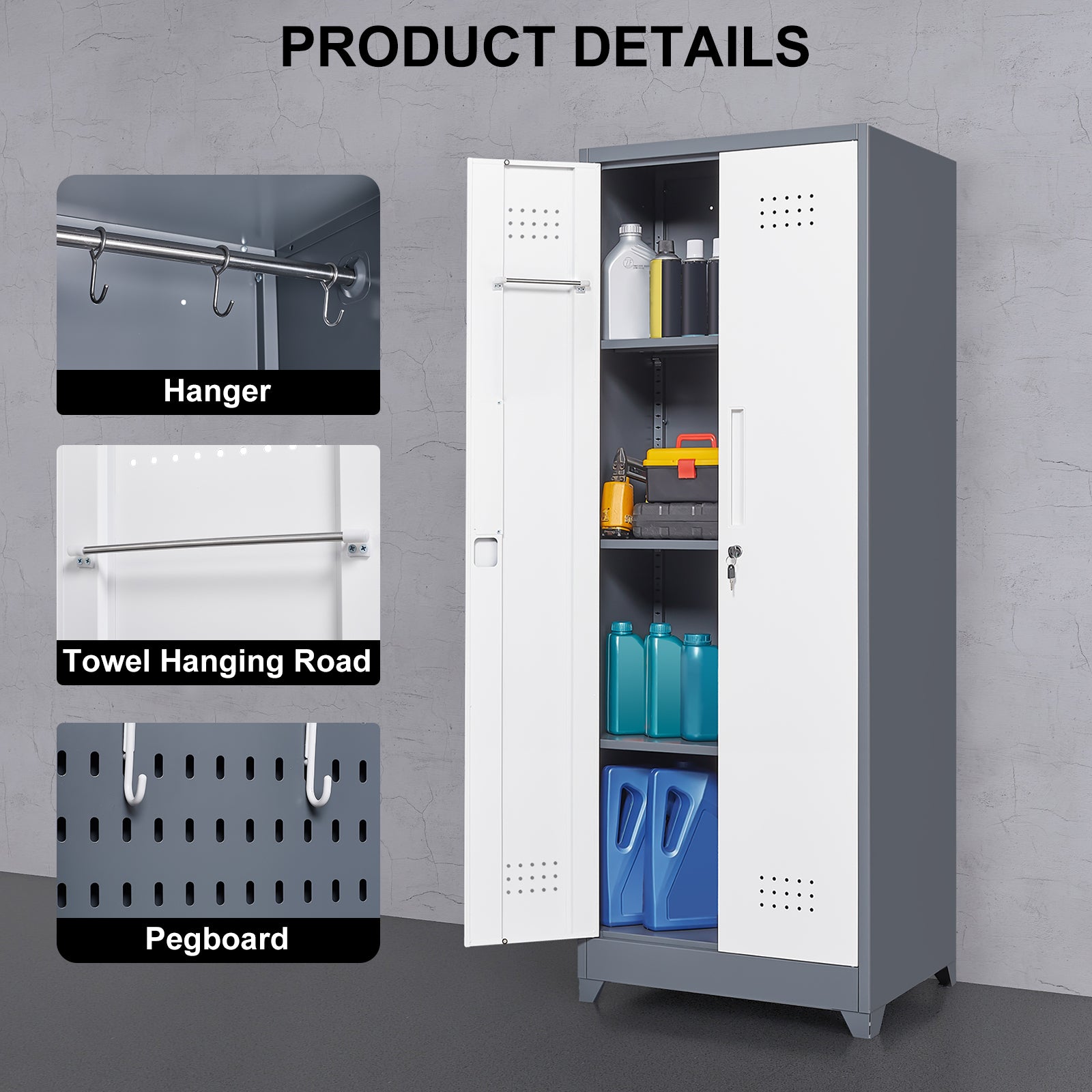 Heavy Duty Grey Metal Storage Cabinet with Locking Doors, Hanging Rod & Shelves, 65' H Broom Closet for Garage or Basement - 