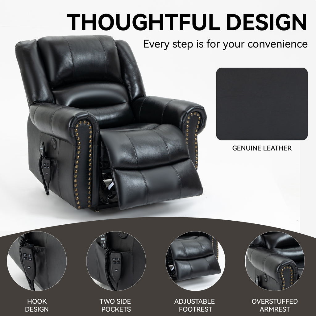 Power Lift Recliner Chair Heat Massage Dual Motor Infinite Position Up to 350 LBS, Genuine Leather, Heavy Duty Motion Mechanism with USB Ports, Black - Grand Goldman Shop