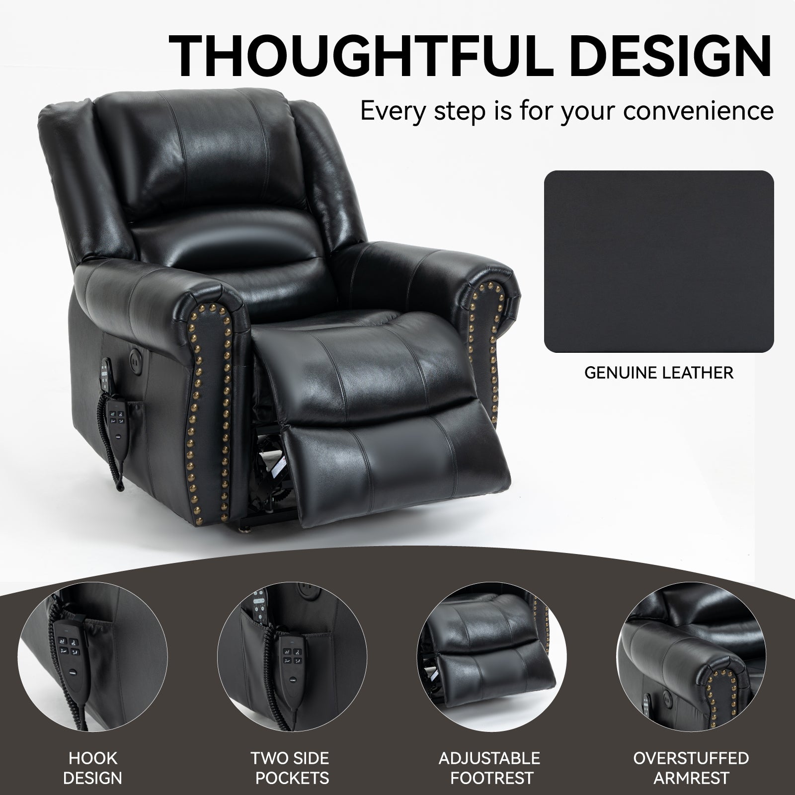 Power Lift Recliner Chair Heat Massage Dual Motor Infinite Position Up to 350 LBS, Genuine Leather, Heavy Duty Motion Mechanism with USB Ports, Black - Grand Goldman Shop