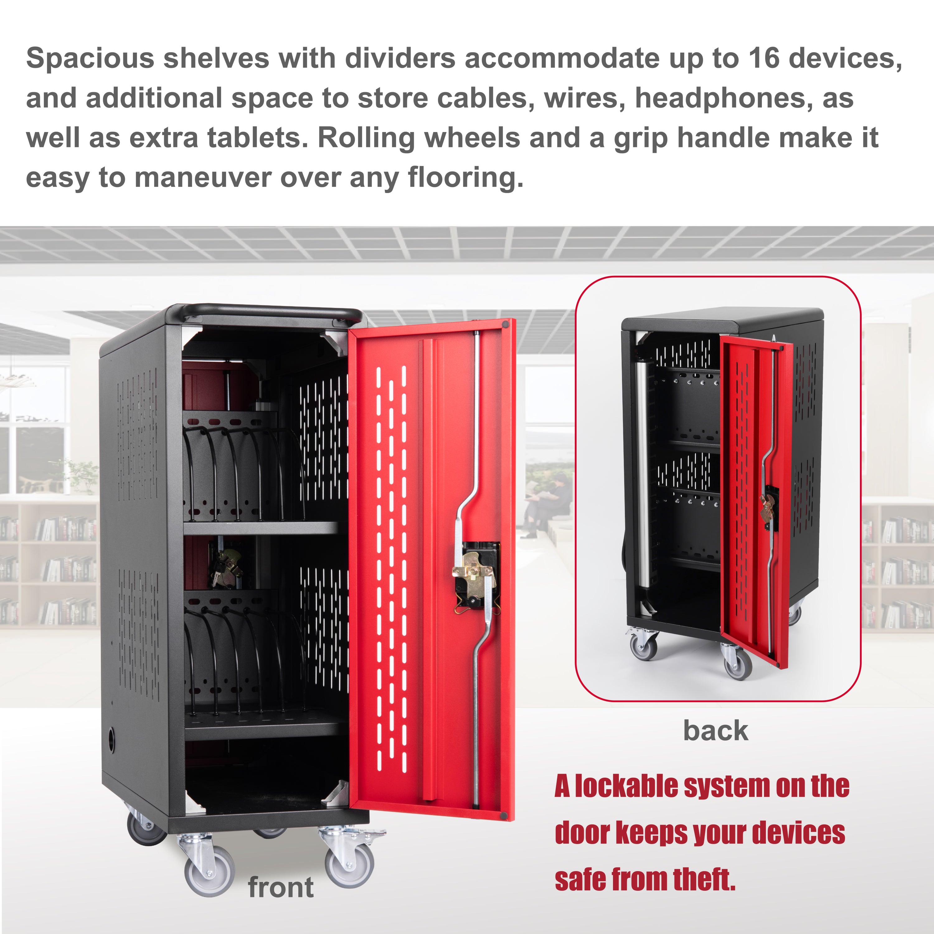 16 Bay Mobile School Charging Cart Station for Chromebook, Tablet and Laptop Computer with Power Strip Included, Assembly Req