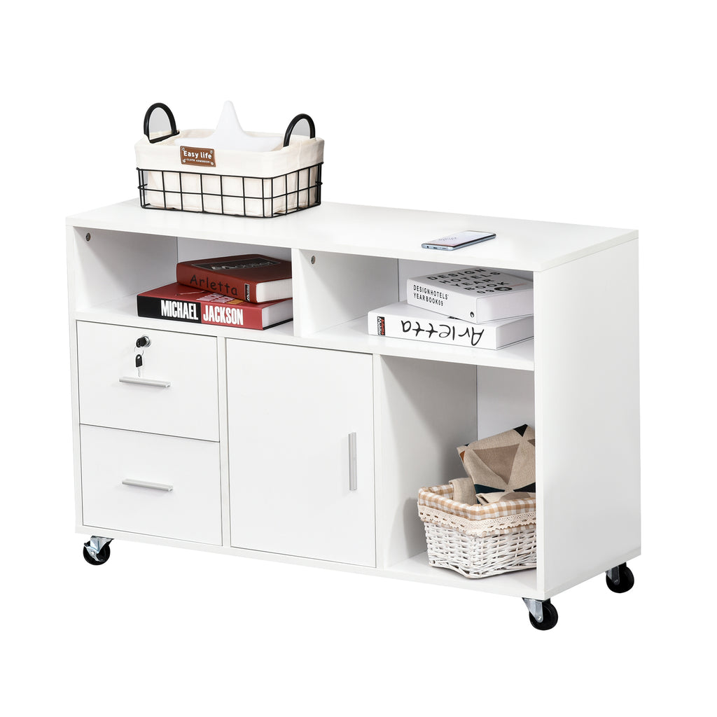 HOMCOM Printer Stand Home Office Mobile Cabinet Organizer Desktop with Caster Wheels, 2 Locking Breaks and Drawer, White - Gr