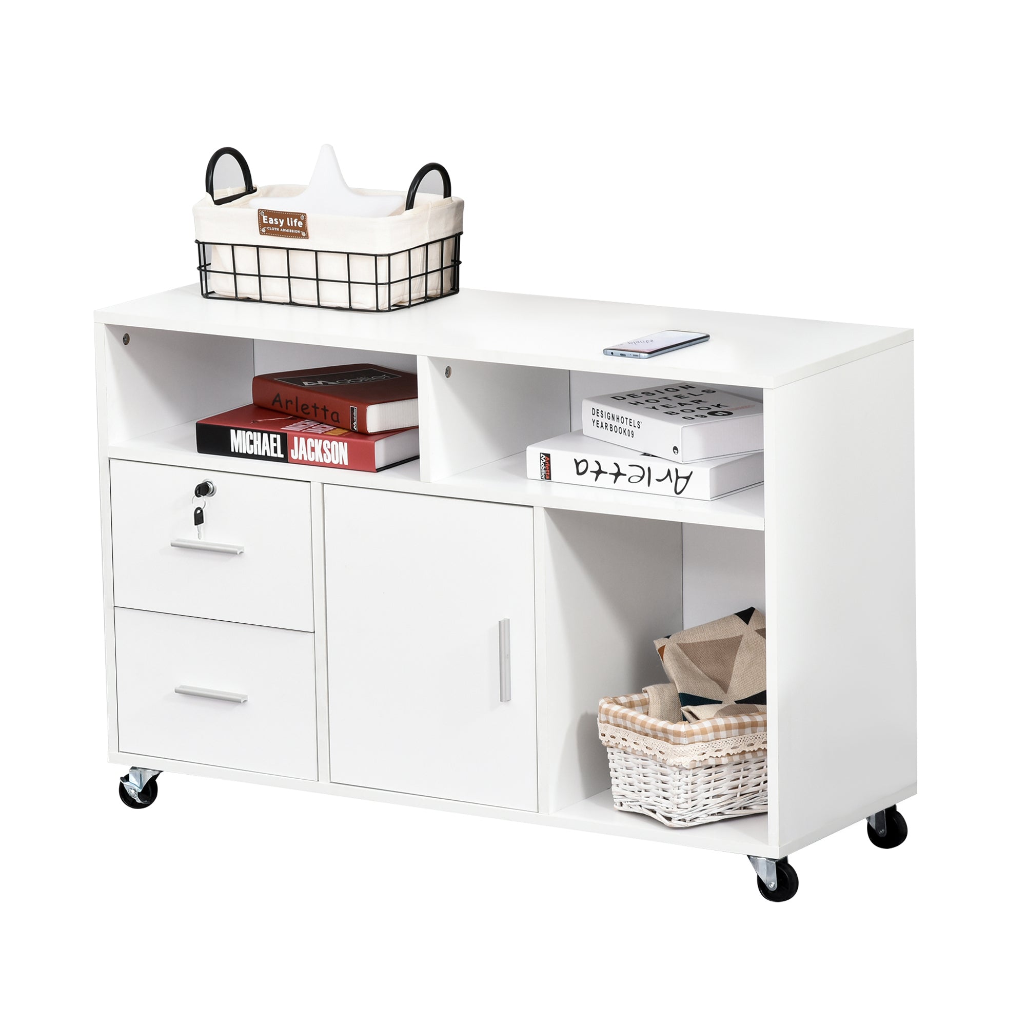 HOMCOM Printer Stand Home Office Mobile Cabinet Organizer Desktop with Caster Wheels, 2 Locking Breaks and Drawer, White - Gr