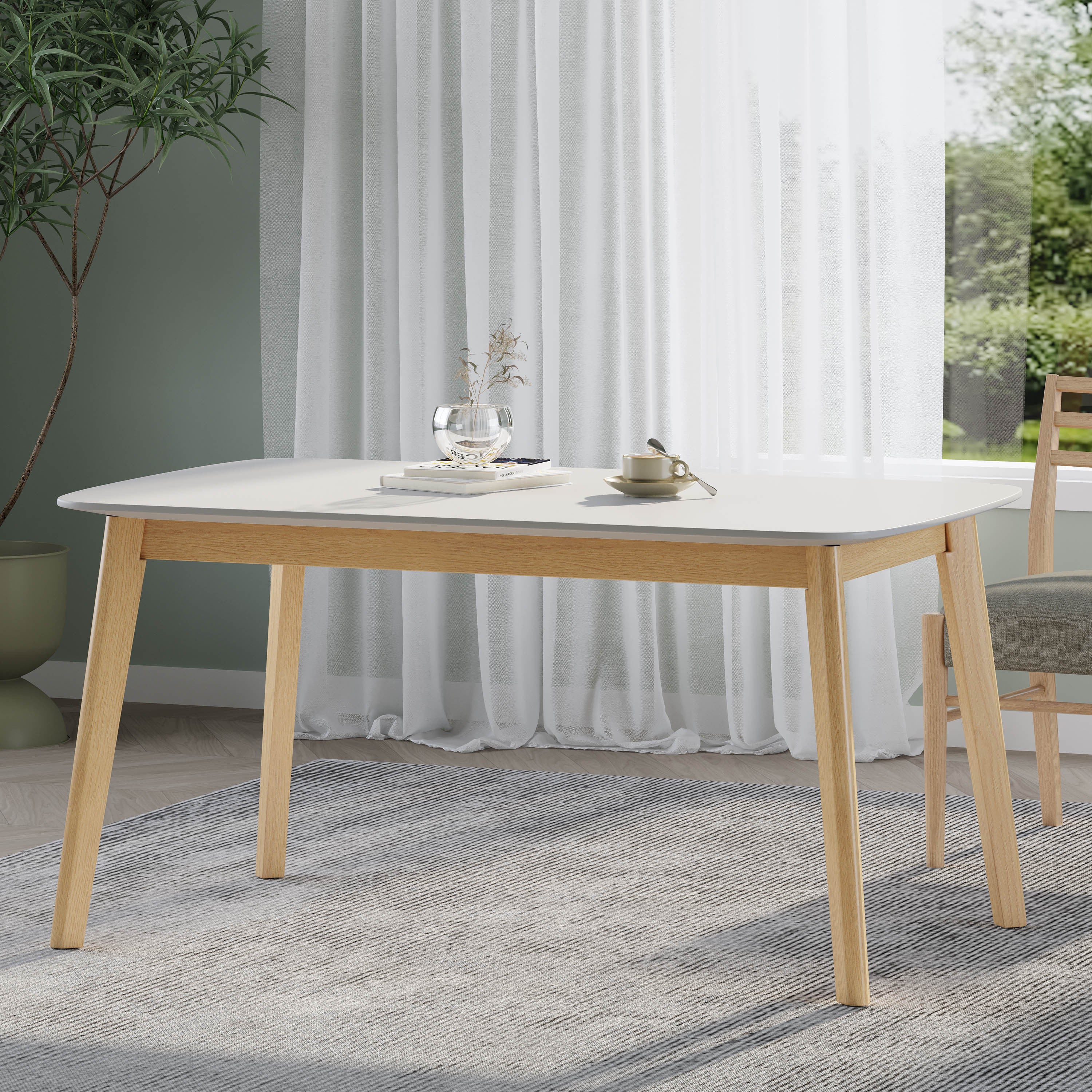 Dining Table with Splayed Rubberwood Legs & Faux Wood Tabletop, Mid-Century Modern - Grand Goldman Shop