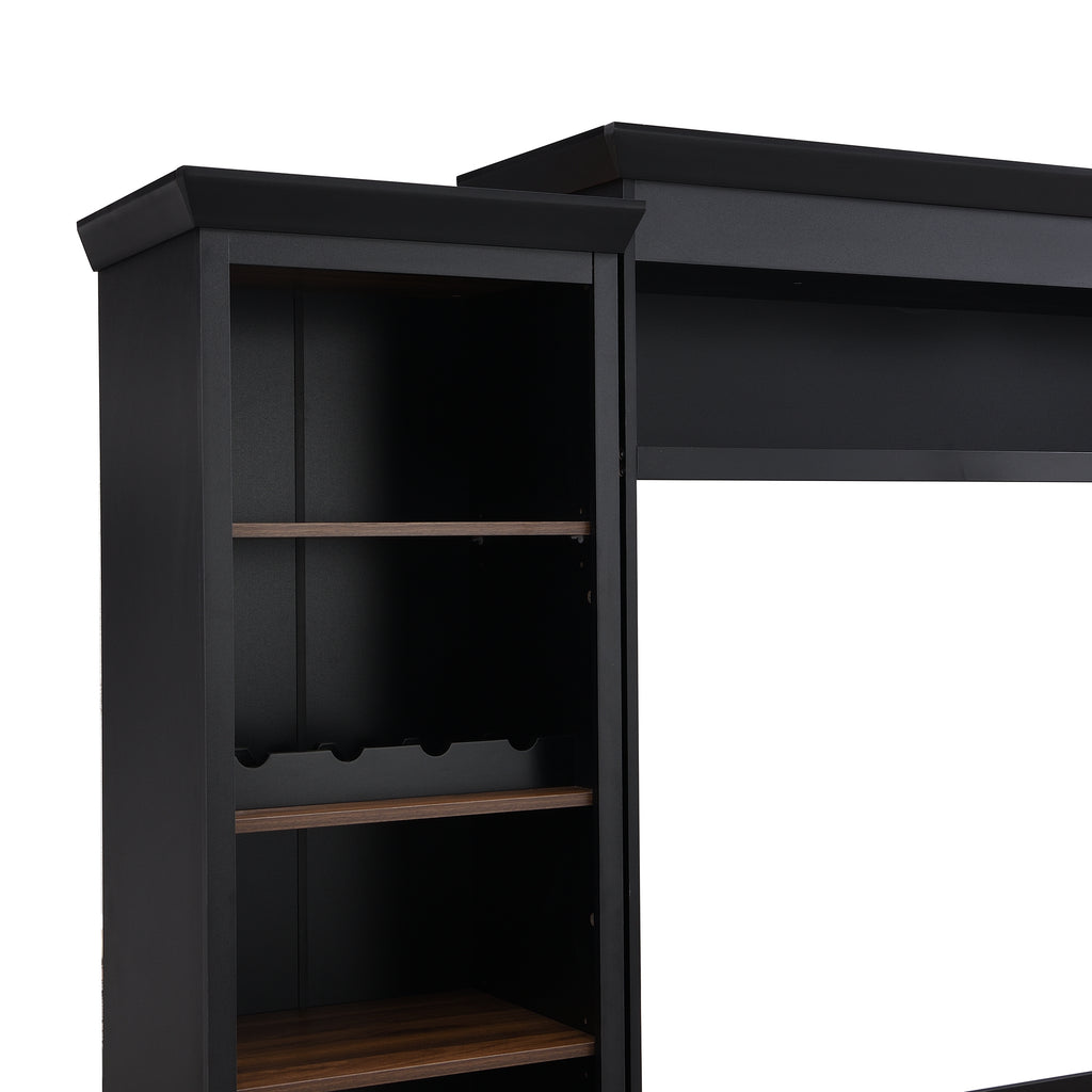 Farmhouse Entertainment Wall Unit with Bookshelf for TVs Up to 70', Walnut TV Stand with Adjustable Shelves, Mid-Century Media Console with Wine Rack for Living Room, Black (NEW SKU: N721S000046B-2) - Grand Goldman Shop