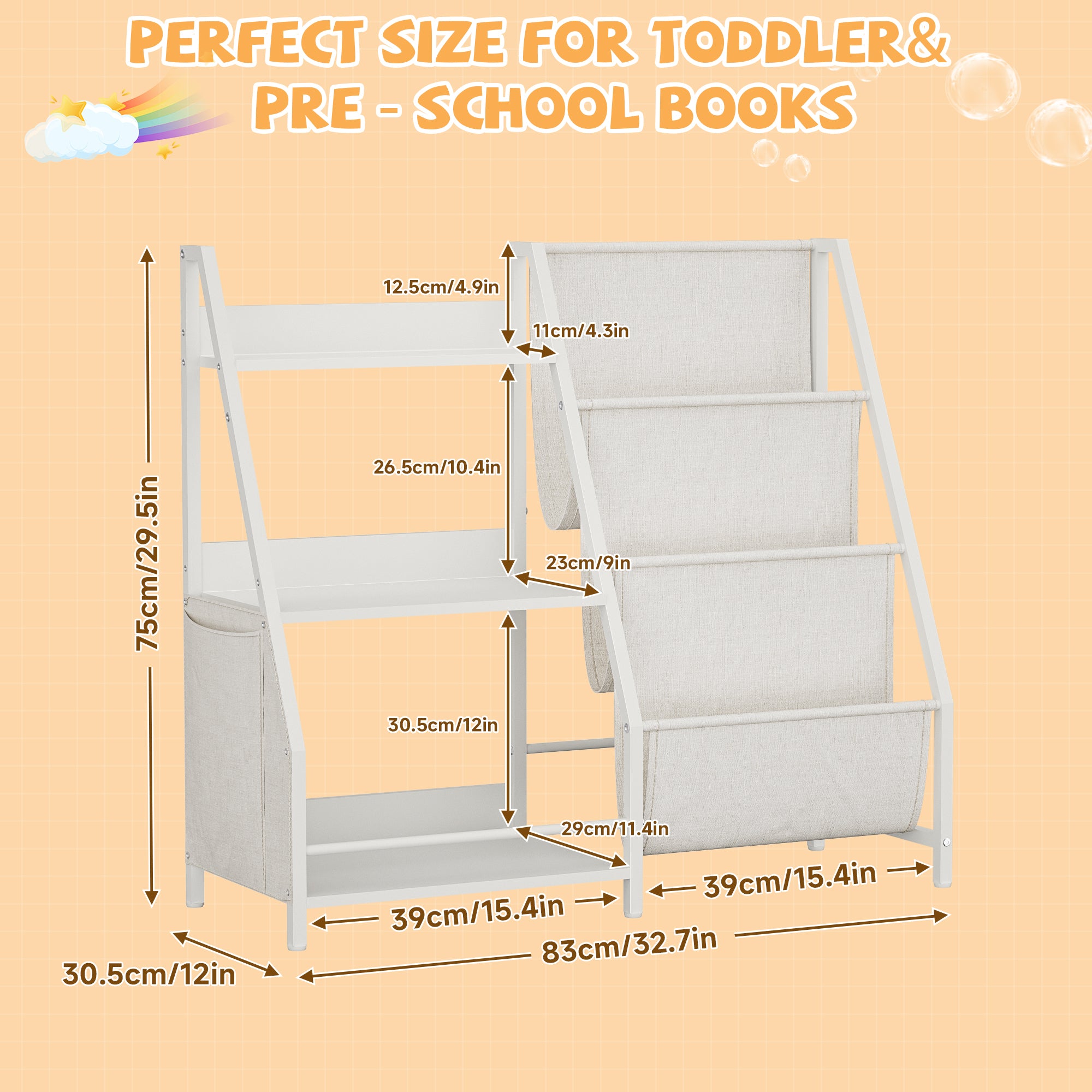 Kids Bookshelf and Toy Storage Organizer, Montessori Bookcase for Toddler Nursery, Wooden & Fabric Book Shelf with Anti-Tip S