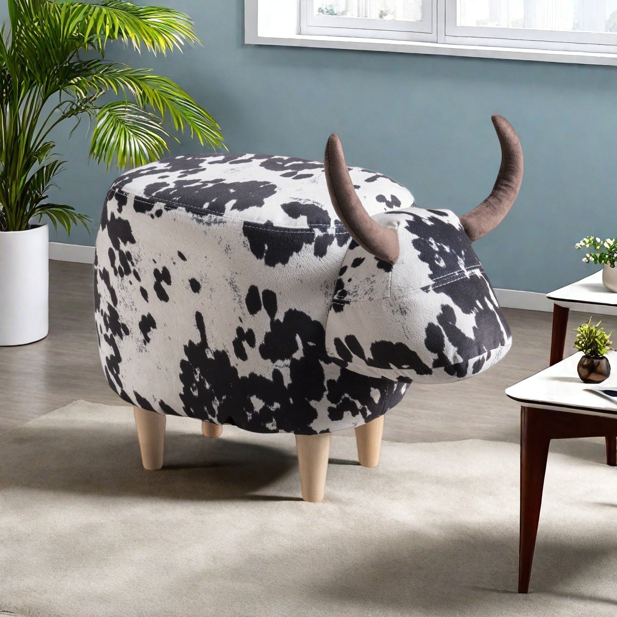 Cow-Shaped Ottoman Footstool, Black and White Modern Accent Stool with Velvet Horns, Fabric Body, Birch Legs - Grand Goldman Shop