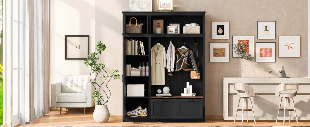 3-in-1 Hall Tree with Overhead Storage Cabinet, 3 Adjustable Side Shelves, 4 Heavy-Duty Hooks, 2 Spacious Drawers, Grooved Back Panel Design, Contrasting Seat Bench, Multifunctional Entryway Organizer - Grand Goldman Shop