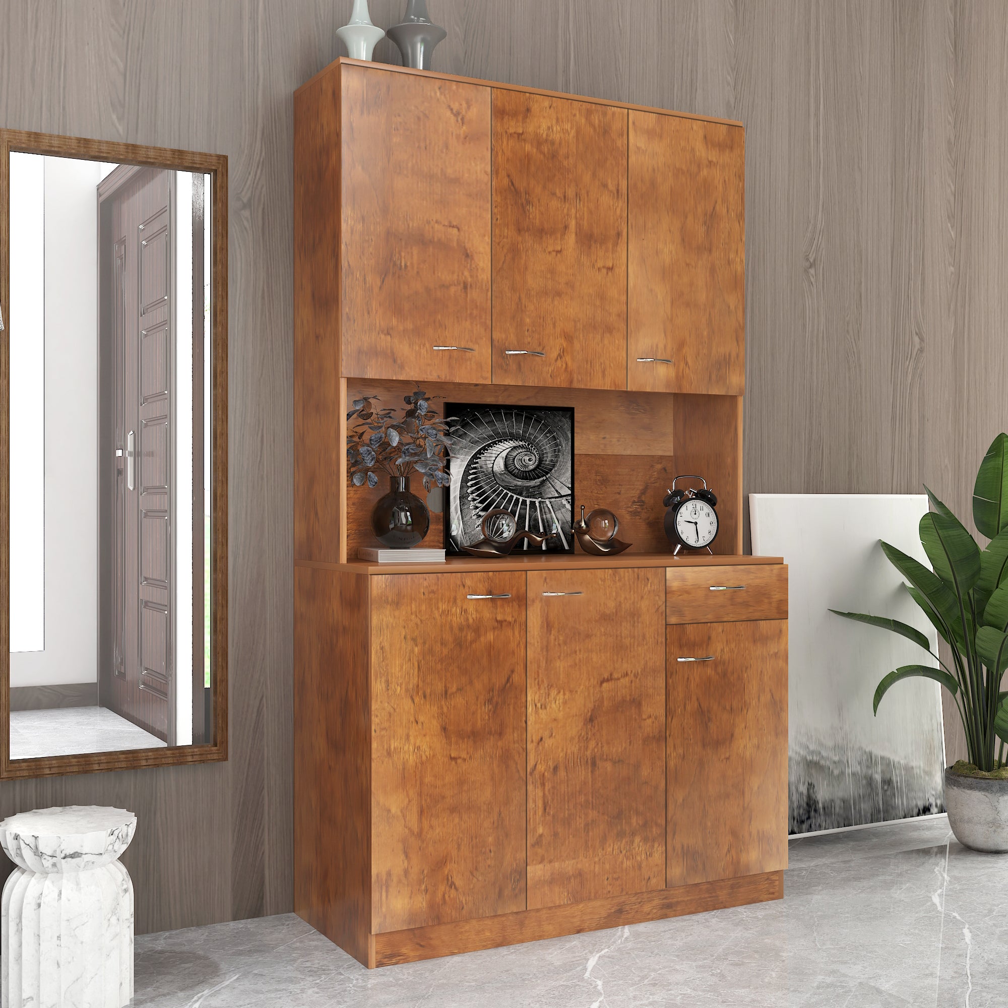 70.87' Tall Wardrobe& Kitchen Cabinet, with 6-Doors, 1-Open Shelves and 1-Drawer for bedroom,Walnut - Grand Goldman Shop