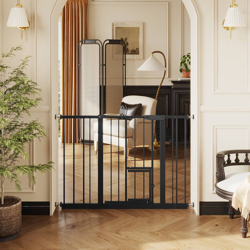 Baby Gate with Cat Door, 29.5-44.1' Metal Pet Door for Stairs & Doorways,Pressure Mounted,No Tools Needed, Black | Premium Ho