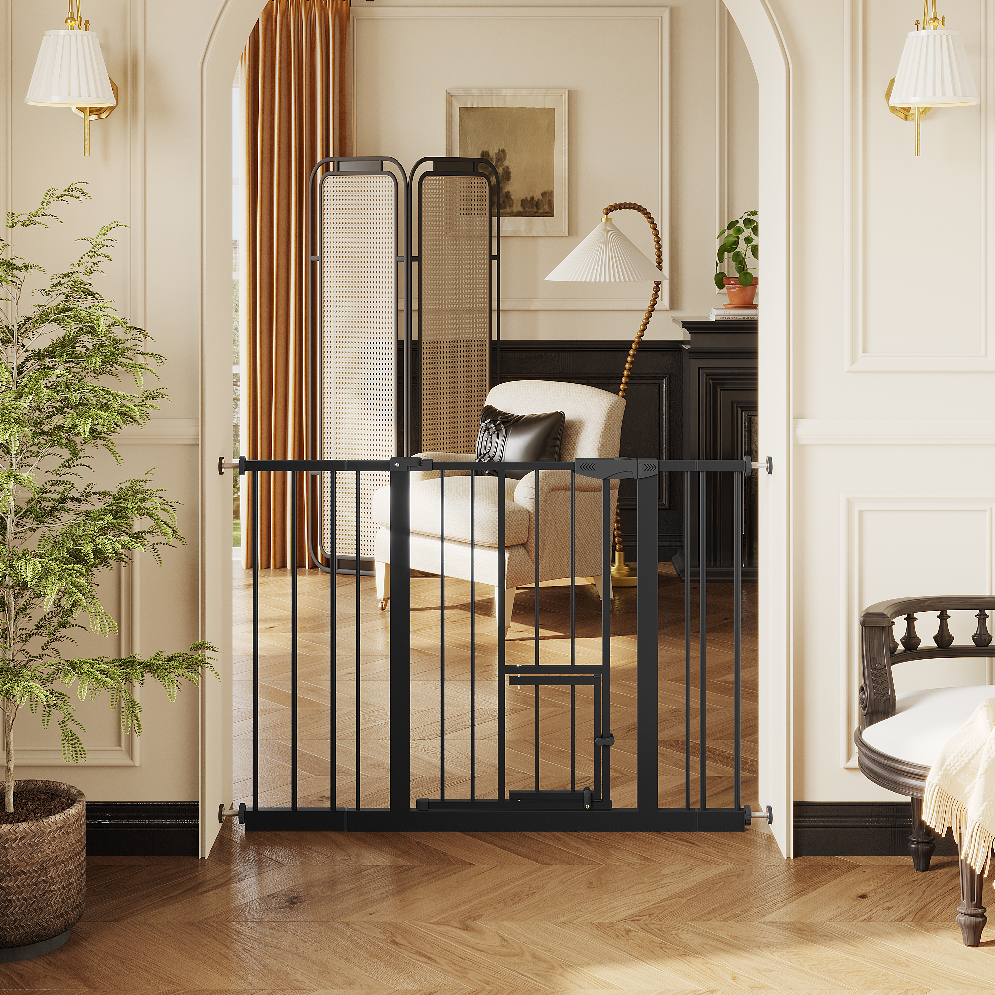 Baby Gate with Cat Door, 29.5-44.1' Metal Pet Door for Stairs & Doorways,Pressure Mounted,No Tools Needed, Black | Premium Ho
