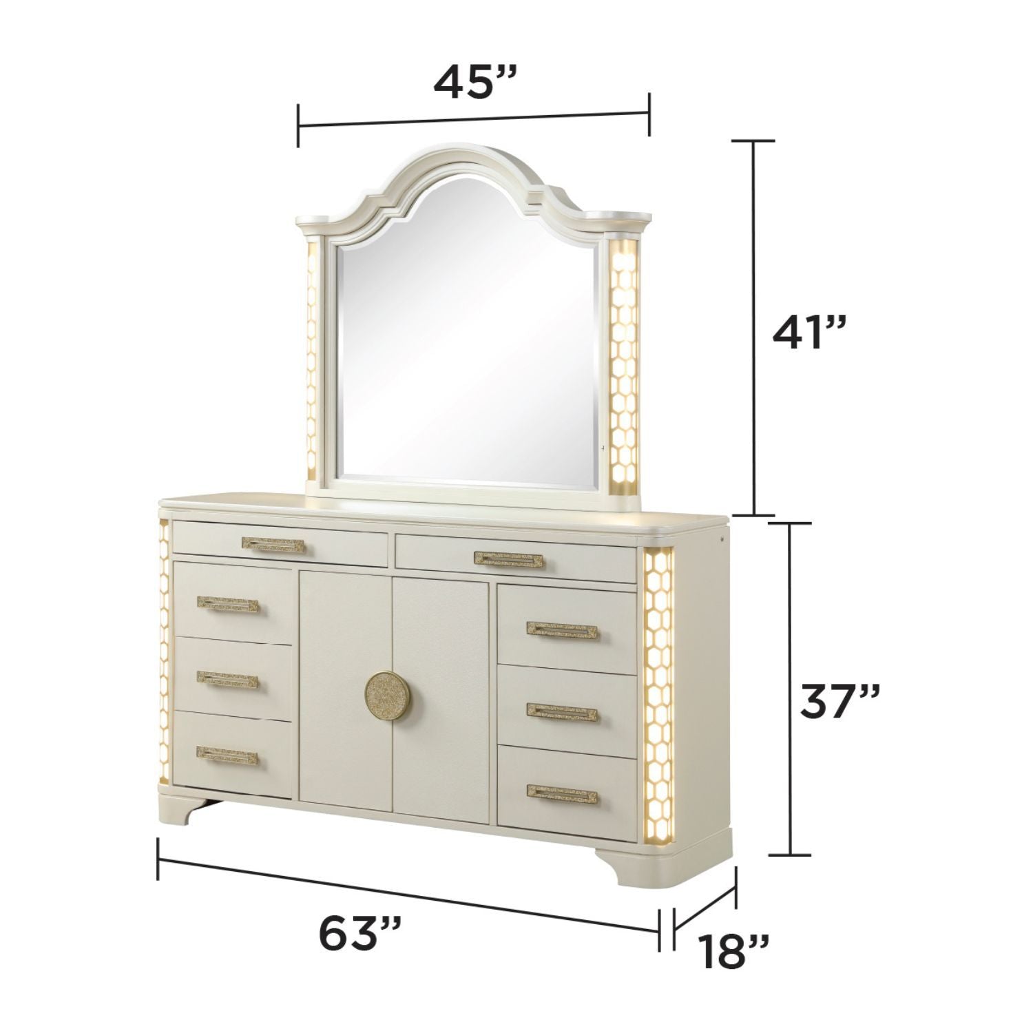 Jasmine Queen 5 Pc LED Bedroom Set in Beige made with Wood and Gold Accents - Grand Goldman Shop