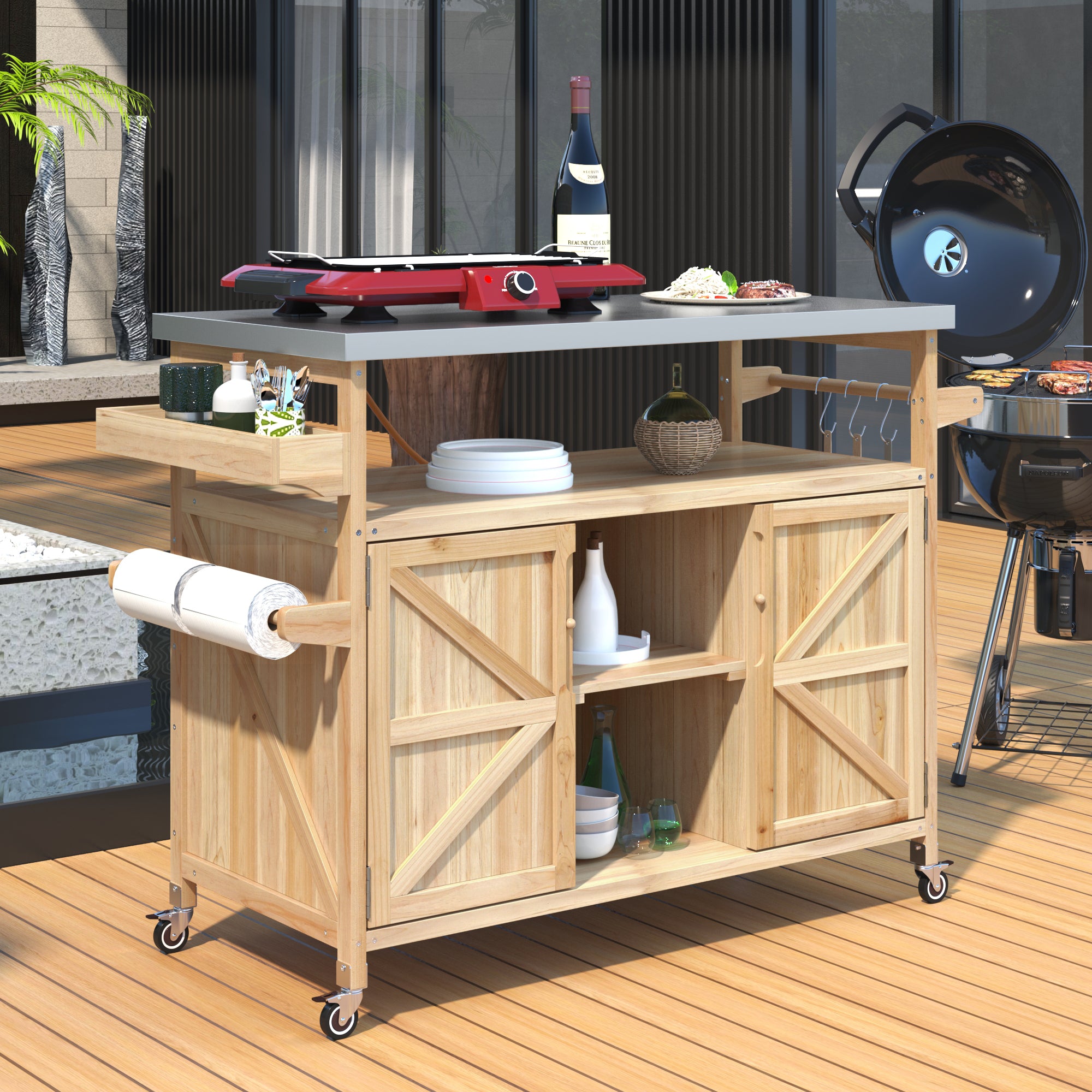 K&K Outdoor Kitchen Island, Rolling Bar Cart & Storage Cabinet, Farmhouse Solid Wood Outdoor Grill Table with Stainless Steel Top, Spice Rack , Towel Rack for Kitchen & BBQ , Natural - Grand Goldman Shop