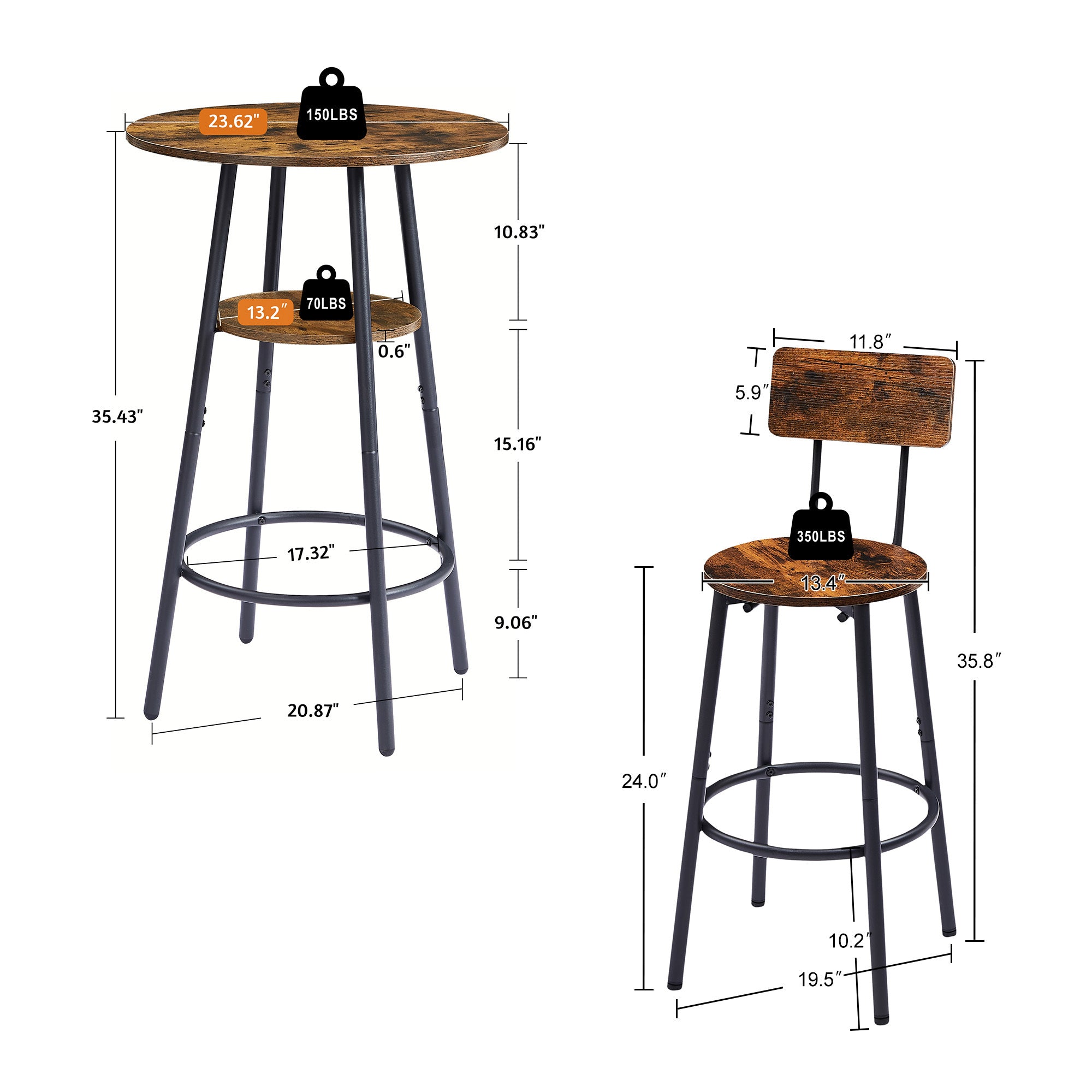 Round bar stool set with shelves, stool with backrest Rustic Brown, 23.6'' Dia x 35.4'' H - Grand Goldman Shop