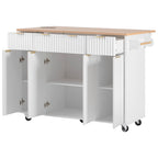 K&K Fluted Kitchen Island with Storage, 55.5' Kitchen Island with Drop Leaf, Power Outlet, 4 Doors and 3 Drawers, Rolling Island Table with Wood-grain Top, Curved Edge for Kitchen,Dining Room White - Grand Goldman Shop