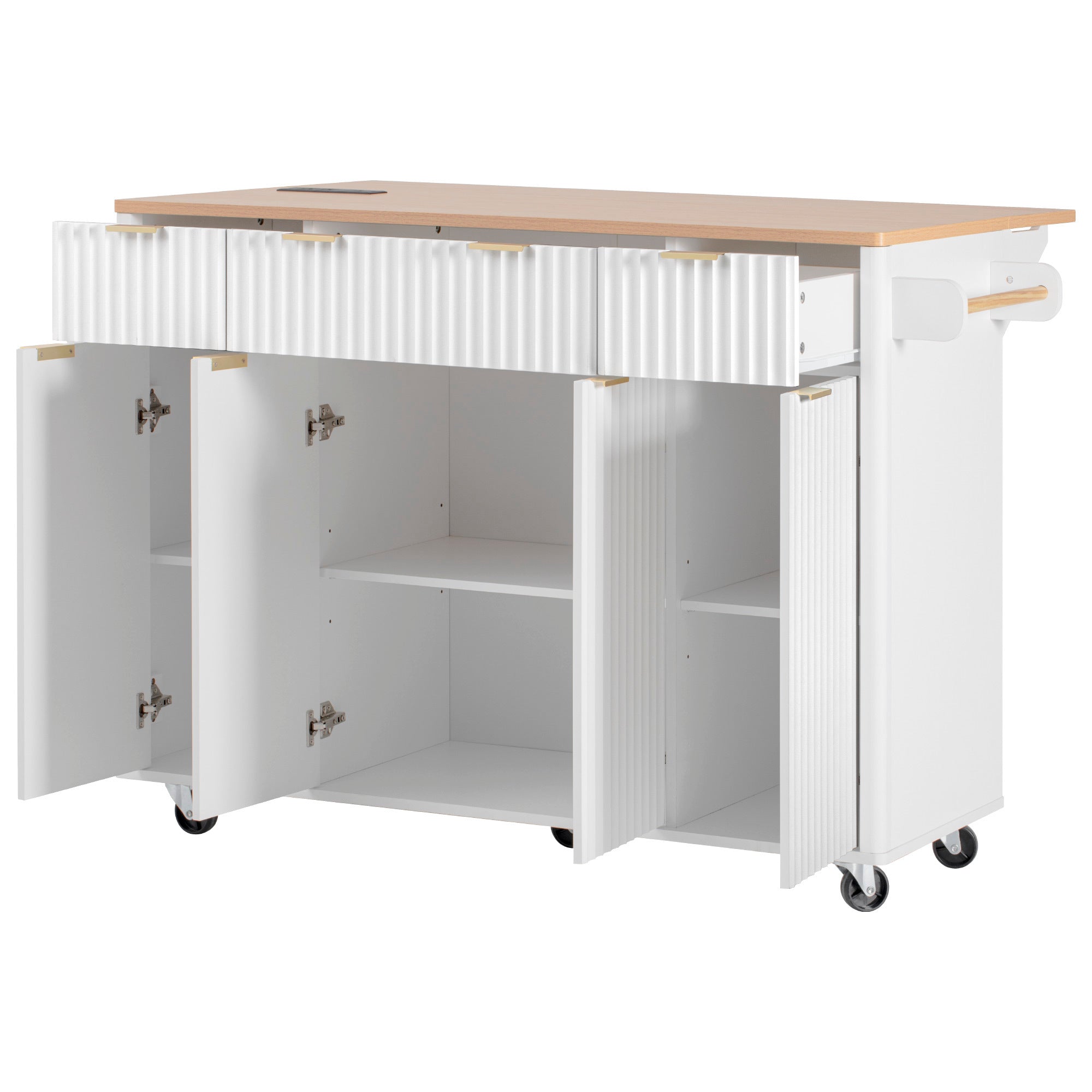 K&K Fluted Kitchen Island with Storage, 55.5' Kitchen Island with Drop Leaf, Power Outlet, 4 Doors and 3 Drawers, Rolling Island Table with Wood-grain Top, Curved Edge for Kitchen,Dining Room White - Grand Goldman Shop