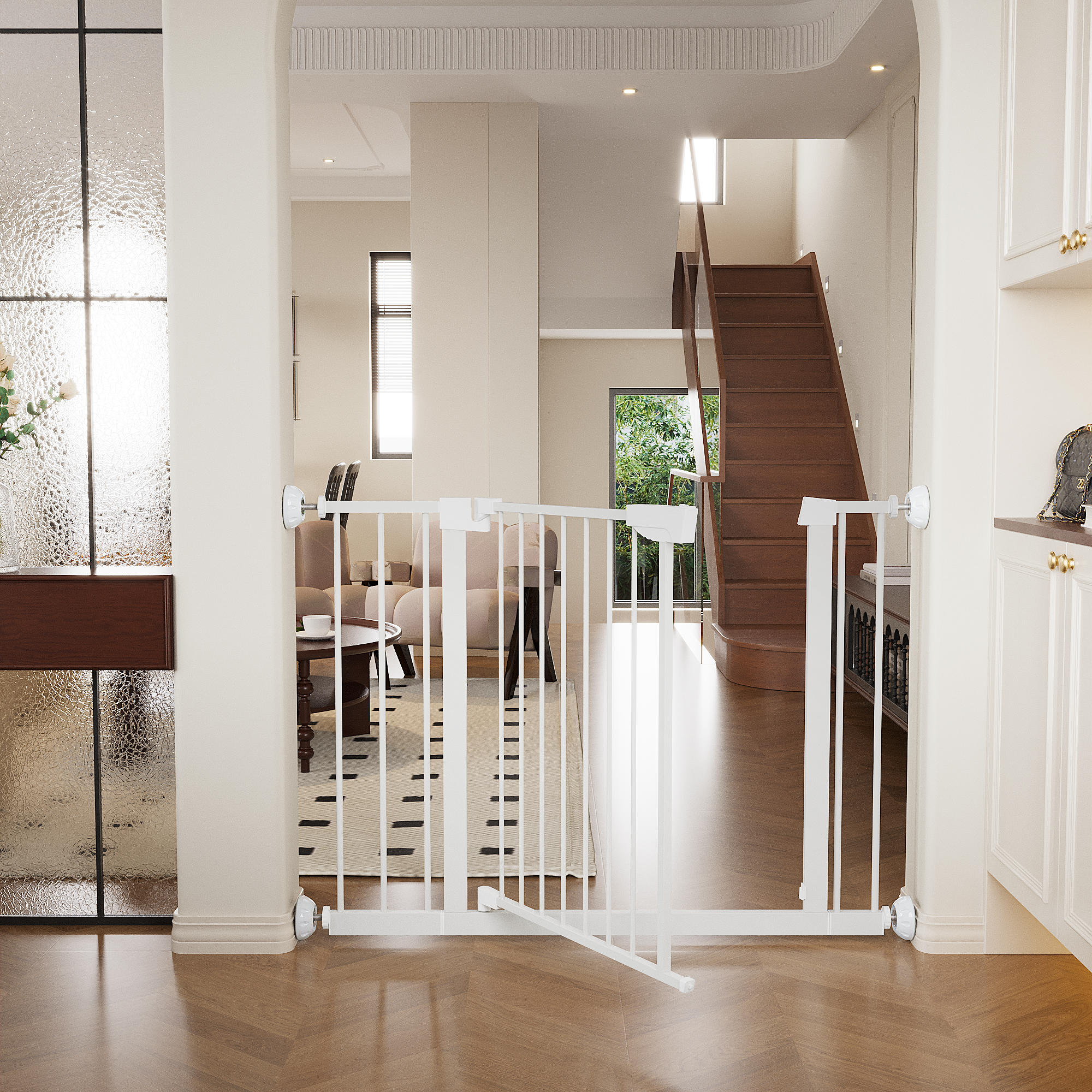 29.5-45.3' Wide Baby Gate with wall protector for Stairs, Dog Gate Indoor for Doorways, No Drilling Pressure Mounted Pet Gate