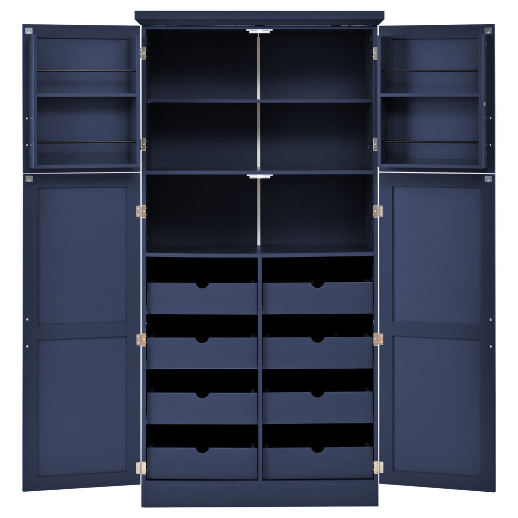 [Assembly Video Provided] TOPMAX 35.5x17.6x70.9inch Freestanding Kitchen Pantry Cabinet, Tall Storage Cabinet with 4 Doors, 2 Door Shelves, 8 Pull-out Trays and Adjustable Shelf for Dining Room, Blue - Grand Goldman Shop