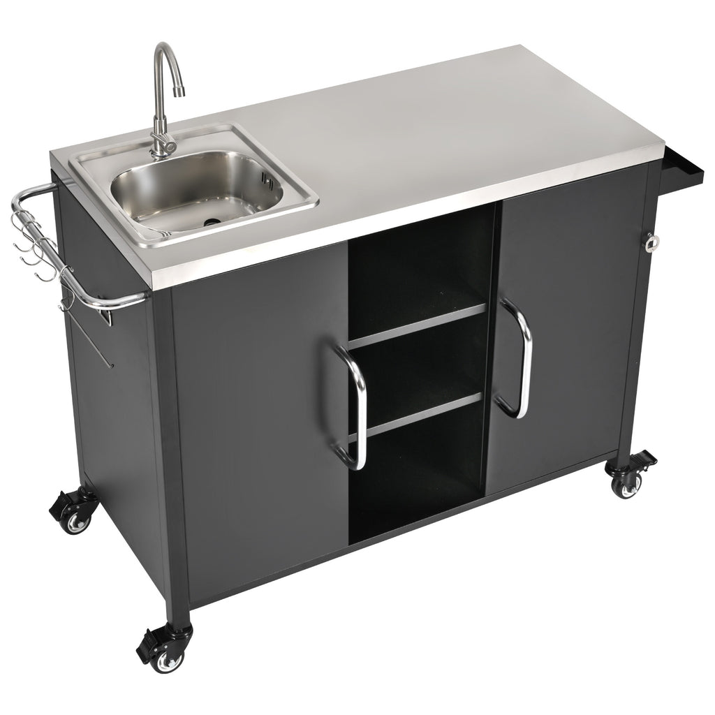 K&K 55.5' Outdoor Kitchen Island with Sink, Metal Grill Cart Table with 304 Stainless Steel Sink, Outdoor Bar Cart Sink Station with 4 Lockable Wheels for Pizza Prep & BBQ, L 55.5' x W 20' H 36.7' - Grand Goldman Shop