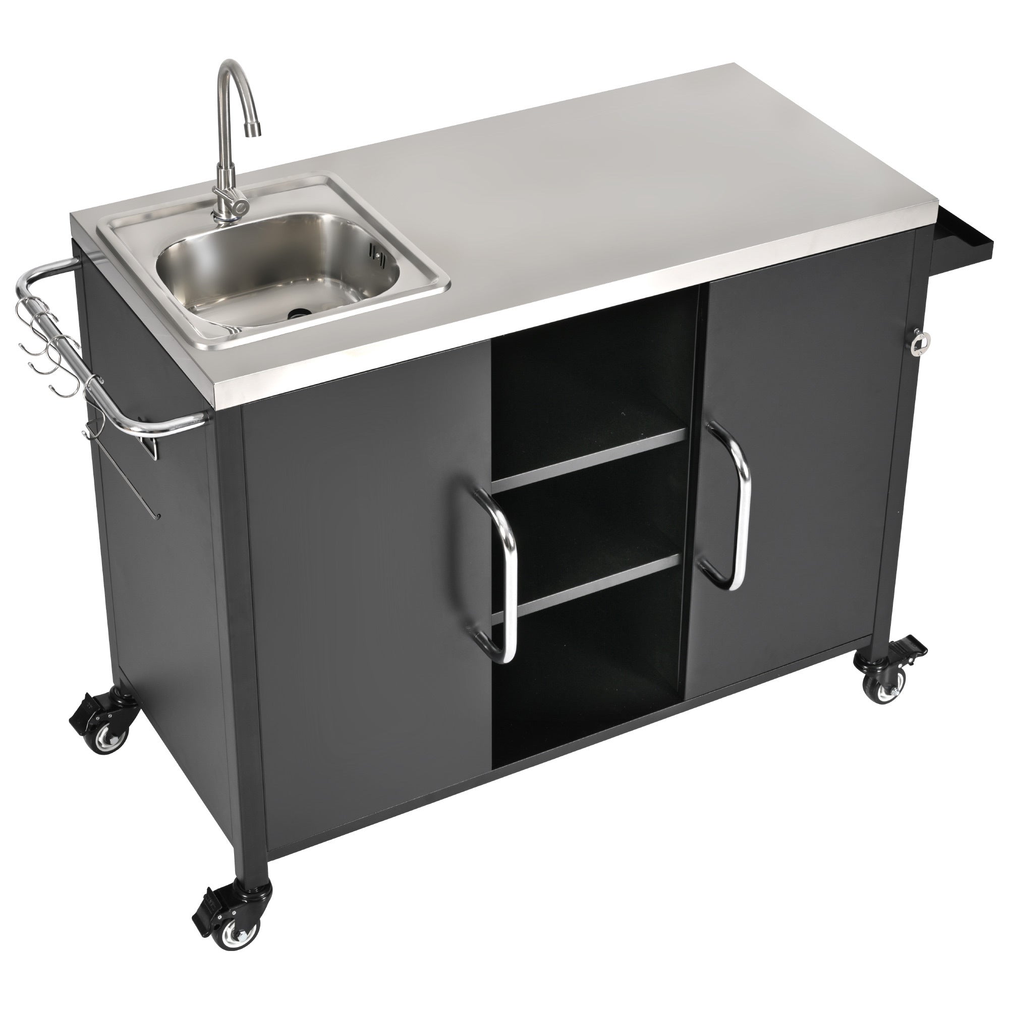 K&K 55.5' Outdoor Kitchen Island with Sink, Metal Grill Cart Table with 304 Stainless Steel Sink, Outdoor Bar Cart Sink Station with 4 Lockable Wheels for Pizza Prep & BBQ, L 55.5' x W 20' H 36.7' - Grand Goldman Shop