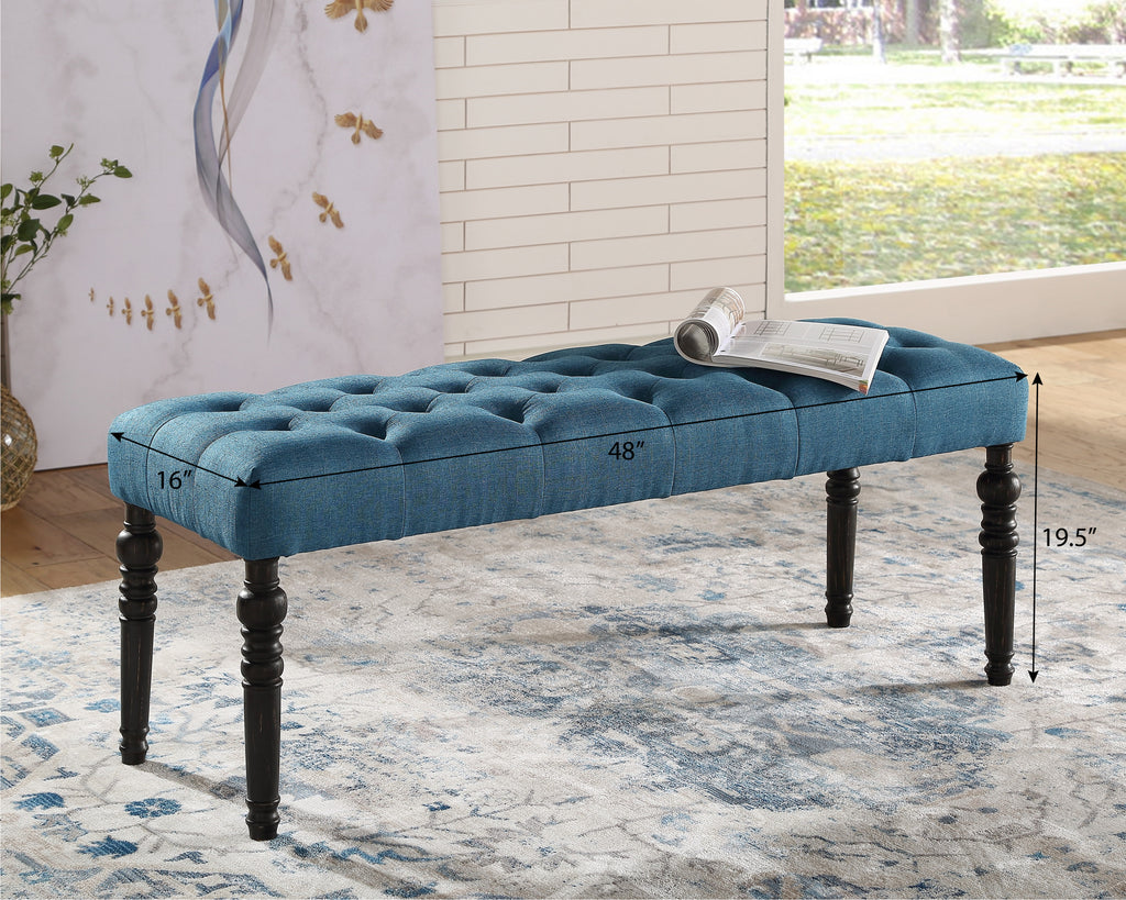 Leviton Fabric Tufted Turned Leg  Dining Bench, Blue - Grand Goldman Shop