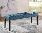 Leviton Fabric Tufted Turned Leg  Dining Bench, Blue - Grand Goldman Shop