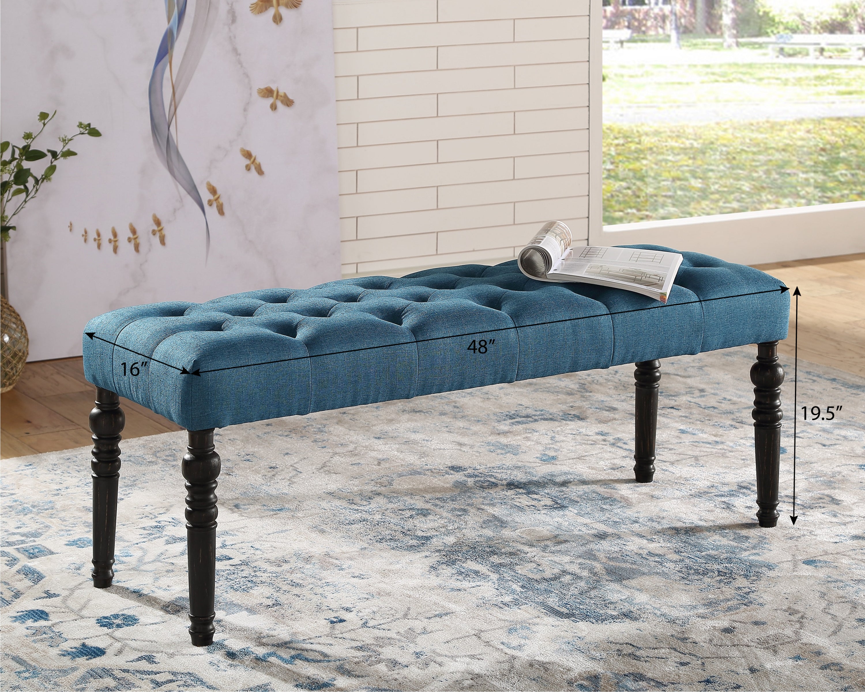 Leviton Fabric Tufted Turned Leg  Dining Bench, Blue - Grand Goldman Shop