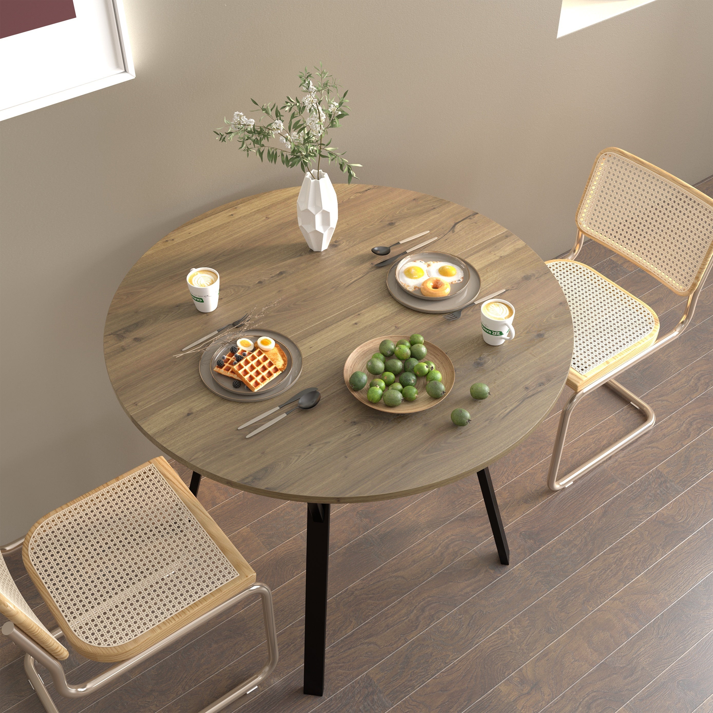 Modern Round Dining Table, Rustic Brown MDF Top with Black Metal Legs, 35.43 Inch Diameter for 2-4 People - Grand Goldman Shop