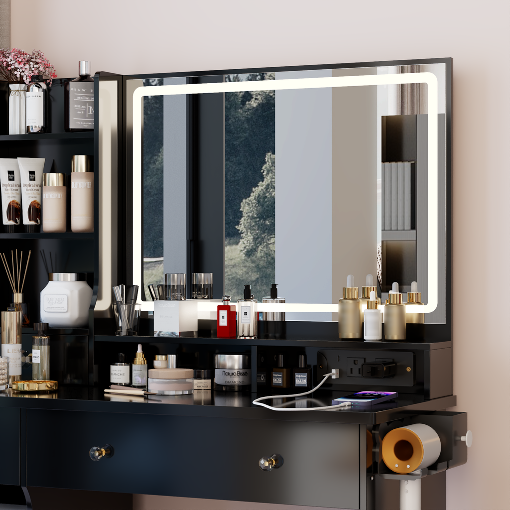 41' Large Size Left Drawer Desktop Vanity Table+Cushioned Stool Dresser Set, 2 AC+2 USB Power Station, Hair Dryer Stand, Extra Large Touch Control LED Mirror, 3-color Switch, EPA, GCC, UL Certificate - Grand Goldman Shop