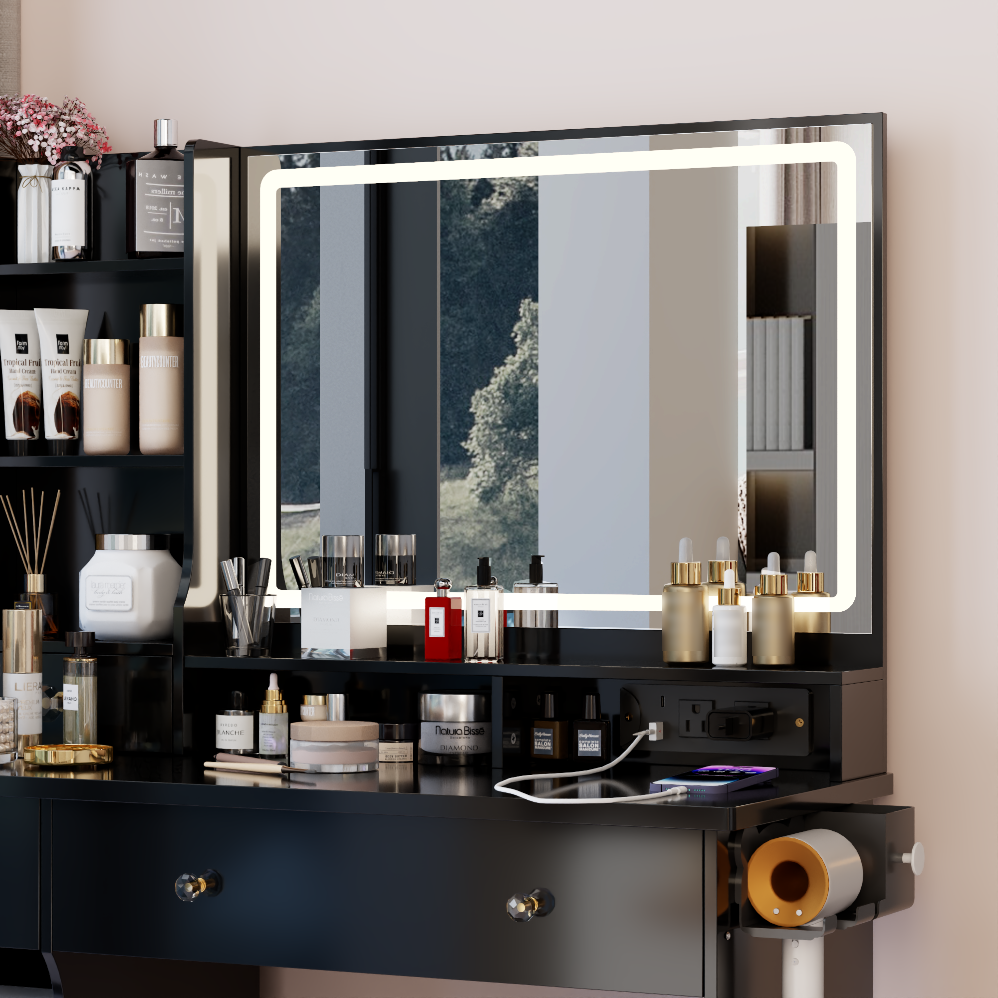 41' Large Size Left Drawer Desktop Vanity Table+Cushioned Stool Dresser Set, 2 AC+2 USB Power Station, Hair Dryer Stand, Extra Large Touch Control LED Mirror, 3-color Switch, EPA, GCC, UL Certificate - Grand Goldman Shop