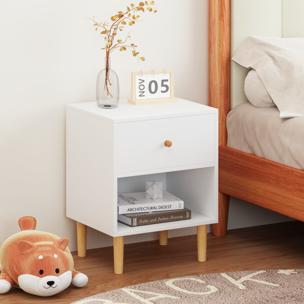23.22''H White MDF Wooden Nightstand with One Drawer and One Shelf for Kids and Adults - Grand Goldman Shop