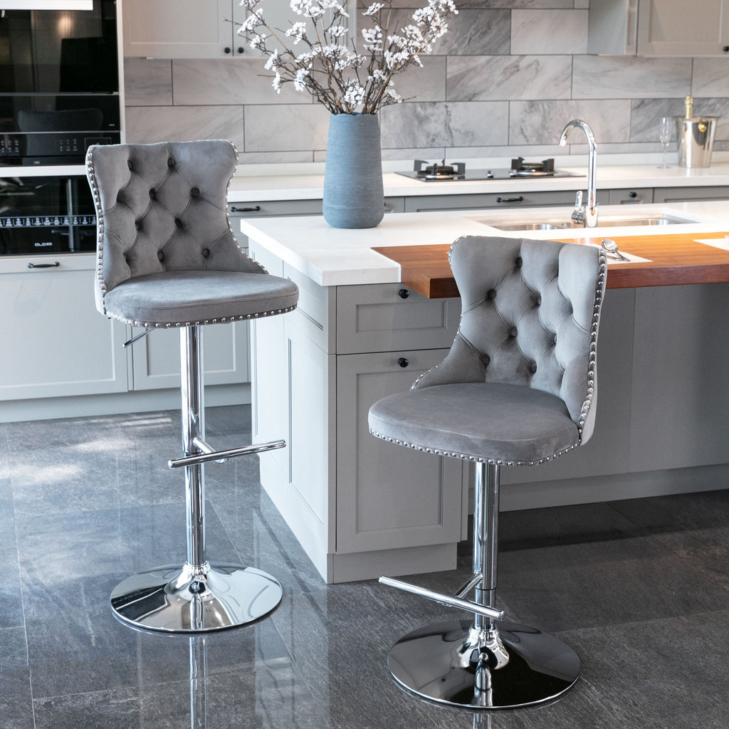A&A Furniture,Swivel Velvet Barstools Adjusatble Seat Height from 25-33 Inch, Modern Upholstered Chrome base Bar Stools with Backs Comfortable Tufted for Home Pub and Kitchen Island（Gray,Set of 2） - Grand Goldman Shop