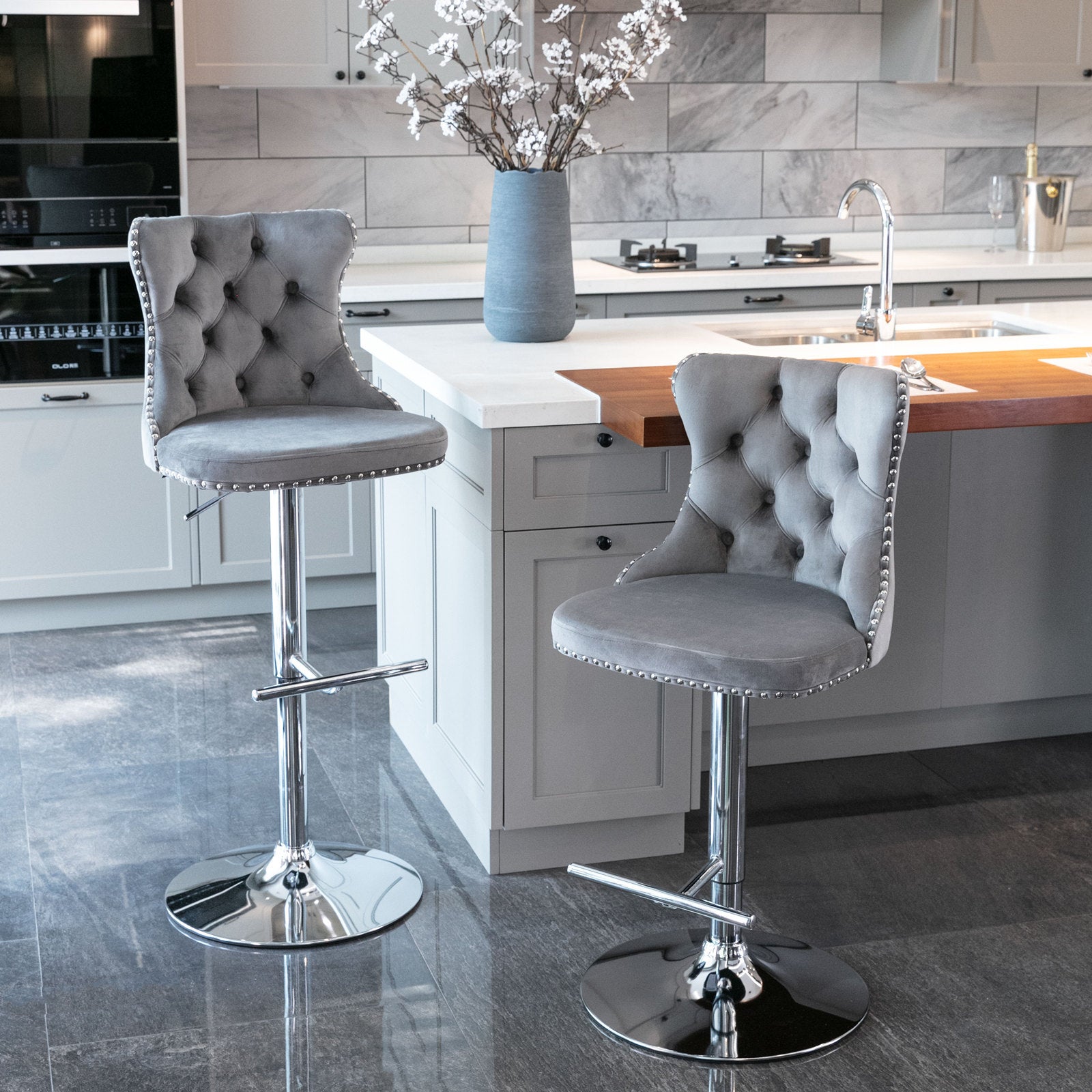 A&A Furniture,Swivel Velvet Barstools Adjusatble Seat Height from 25-33 Inch, Modern Upholstered Chrome base Bar Stools with Backs Comfortable Tufted for Home Pub and Kitchen Island（Gray,Set of 2） - Grand Goldman Shop