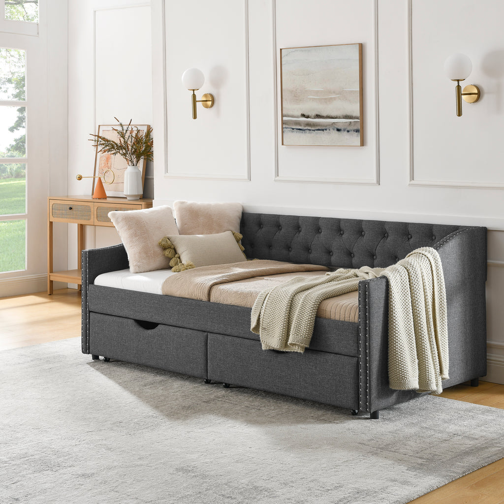 Twin Size Daybed with Drawers Upholstered Tufted Sofa Bed in Dark Grey Linen, Button Back and Copper Nail Trimmed Waved Arms, 81.5''x41''x30.5'' - Grand Goldman Shop