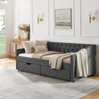Twin Size Daybed with Drawers Upholstered Tufted Sofa Bed in Dark Grey Linen, Button Back and Copper Nail Trimmed Waved Arms, 81.5''x41''x30.5'' - Grand Goldman Shop