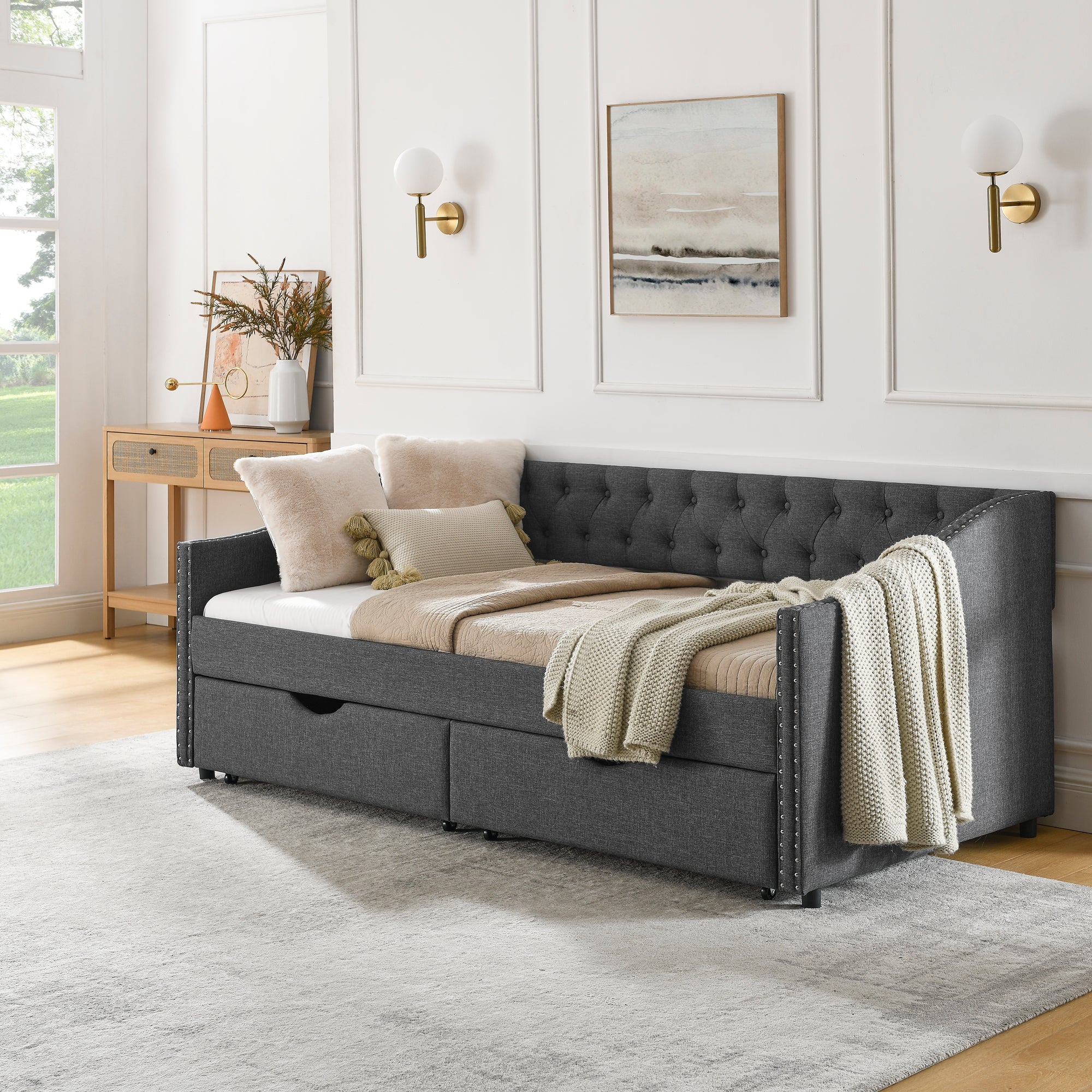 Twin Size Daybed with Drawers Upholstered Tufted Sofa Bed in Dark Grey Linen, Button Back and Copper Nail Trimmed Waved Arms, 81.5''x41''x30.5'' - Grand Goldman Shop