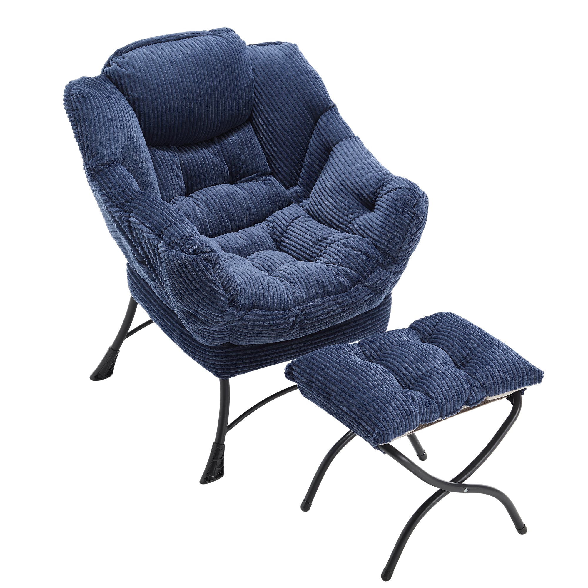 Lazy Chair with Ottoman, Modern Lounge Accent Chair with Armrests and a Side Pocket, Leisure Upholstered Sofa Chair Reading Chair with Footrest for Small Space, Corner Chair-Navy blue - Grand Goldman Shop