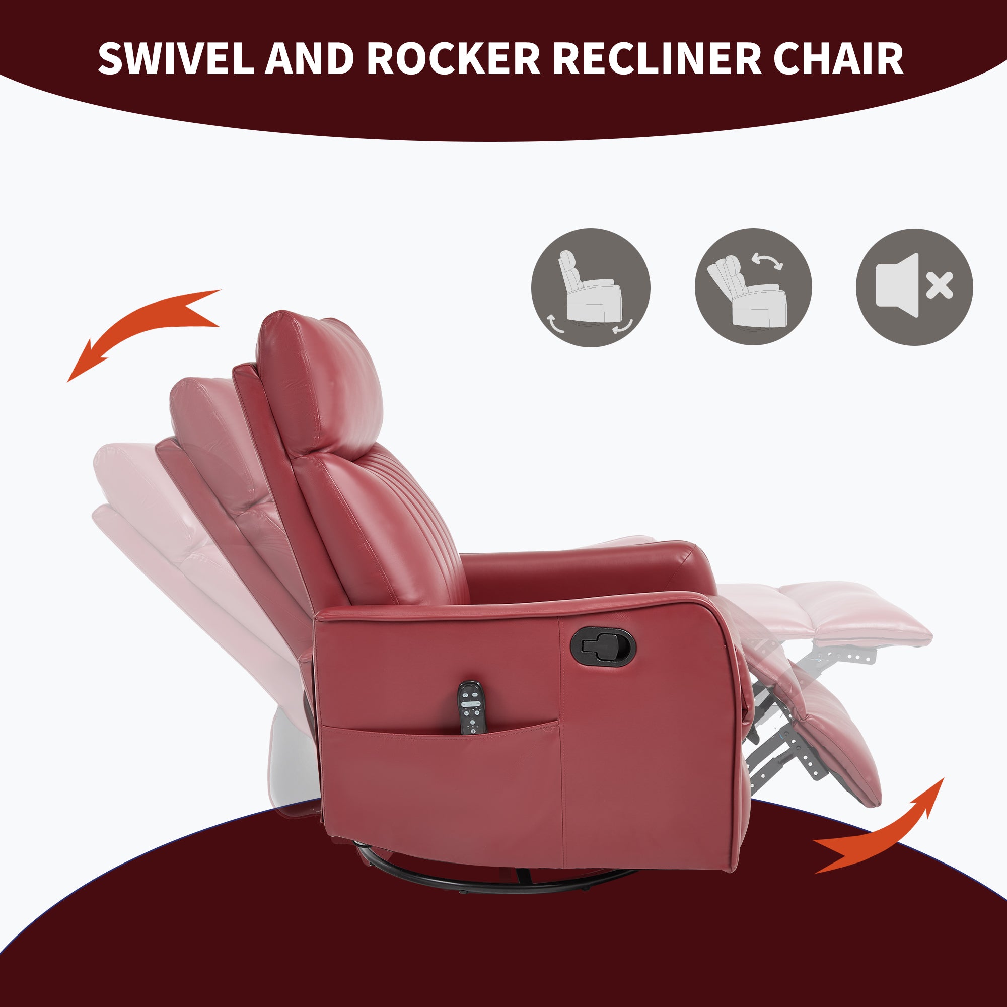 Red Faux Leather Heat Massage Manual Recliner Chair with Rocker and Swivel for Living Room - Grand Goldman Shop