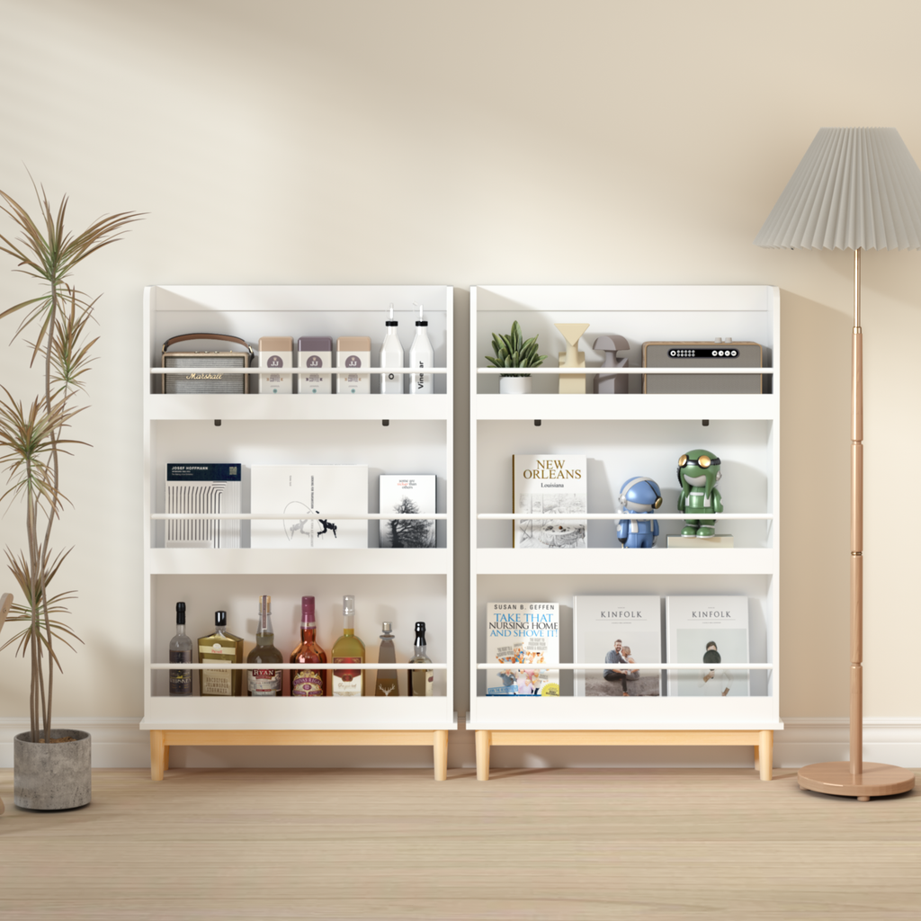 Modern White Wall-Mounted Kids Bookshelf with Natural Wood Base, 3 Front-Facing Display Shelves for Toddler Bedroom, Nursery 