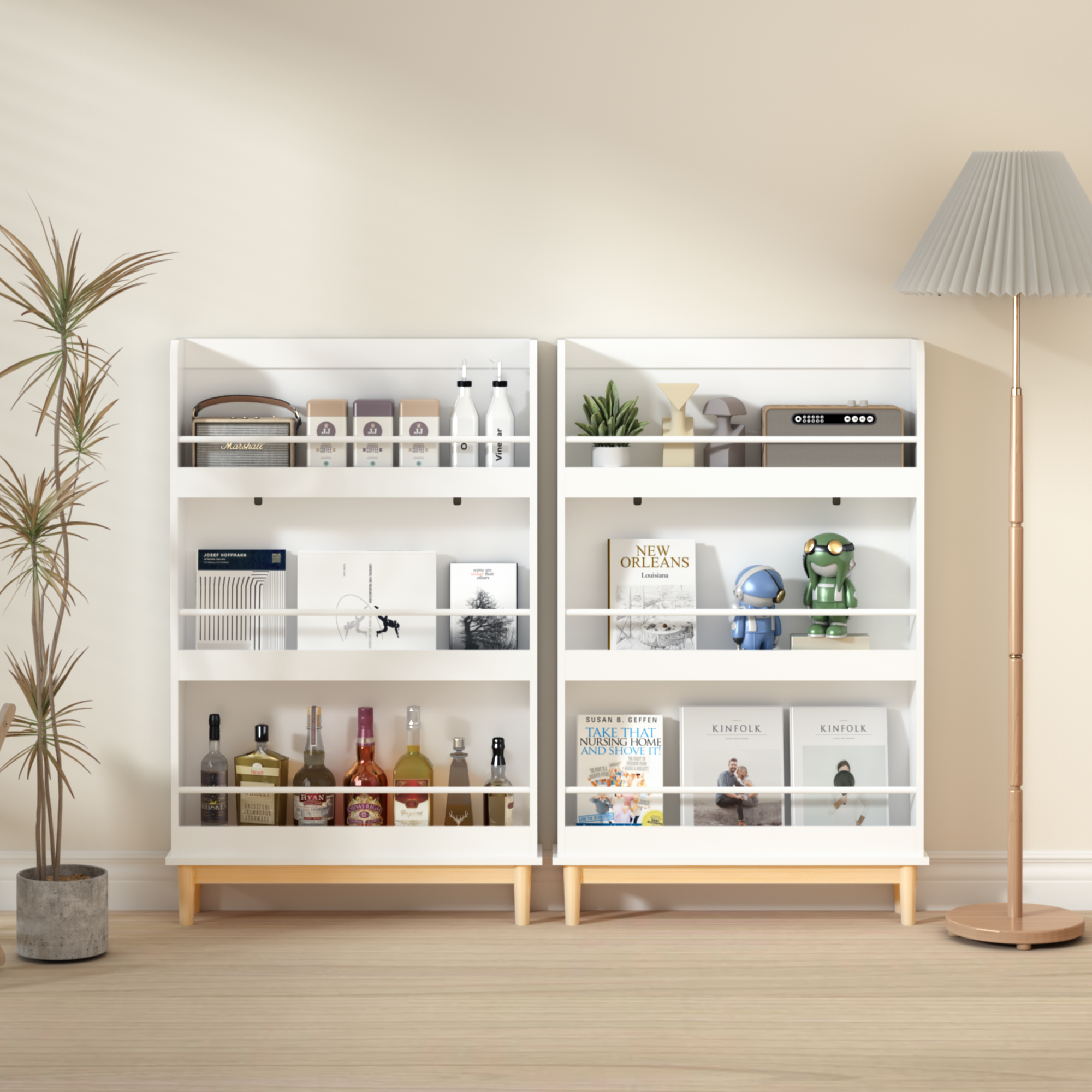 Modern White Wall-Mounted Kids Bookshelf with Natural Wood Base, 3 Front-Facing Display Shelves for Toddler Bedroom, Nursery 