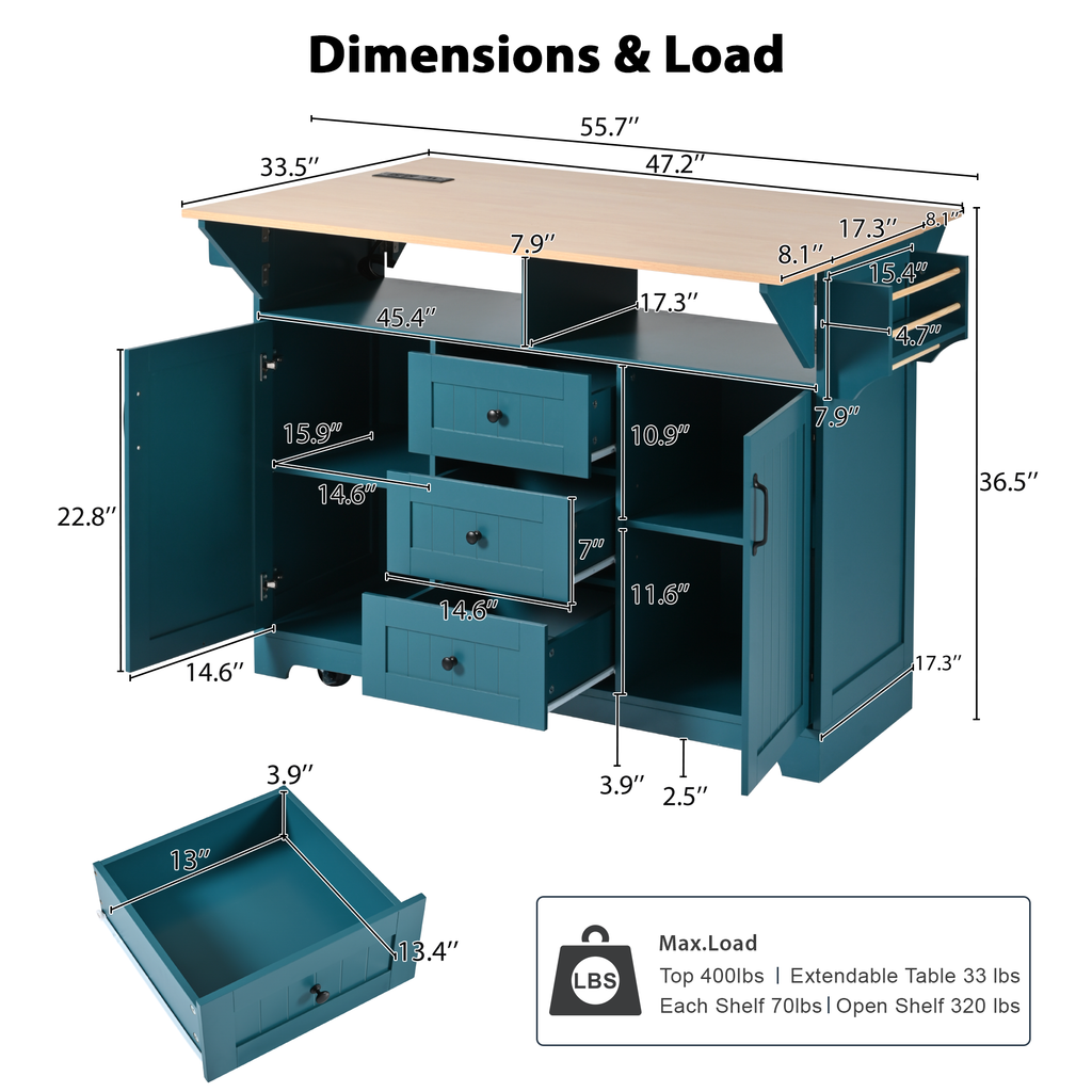K&K 55.7'' Large Kitchen Island with 2 Drop Leaf,, Rolling Kitchen Cart on 5 Wheels with Power Outlet, Folding Storage Dining Table with Spice & Towel Rack , 3 Drawers, for Kitchen, Dining Room,Green - Grand Goldman Shop