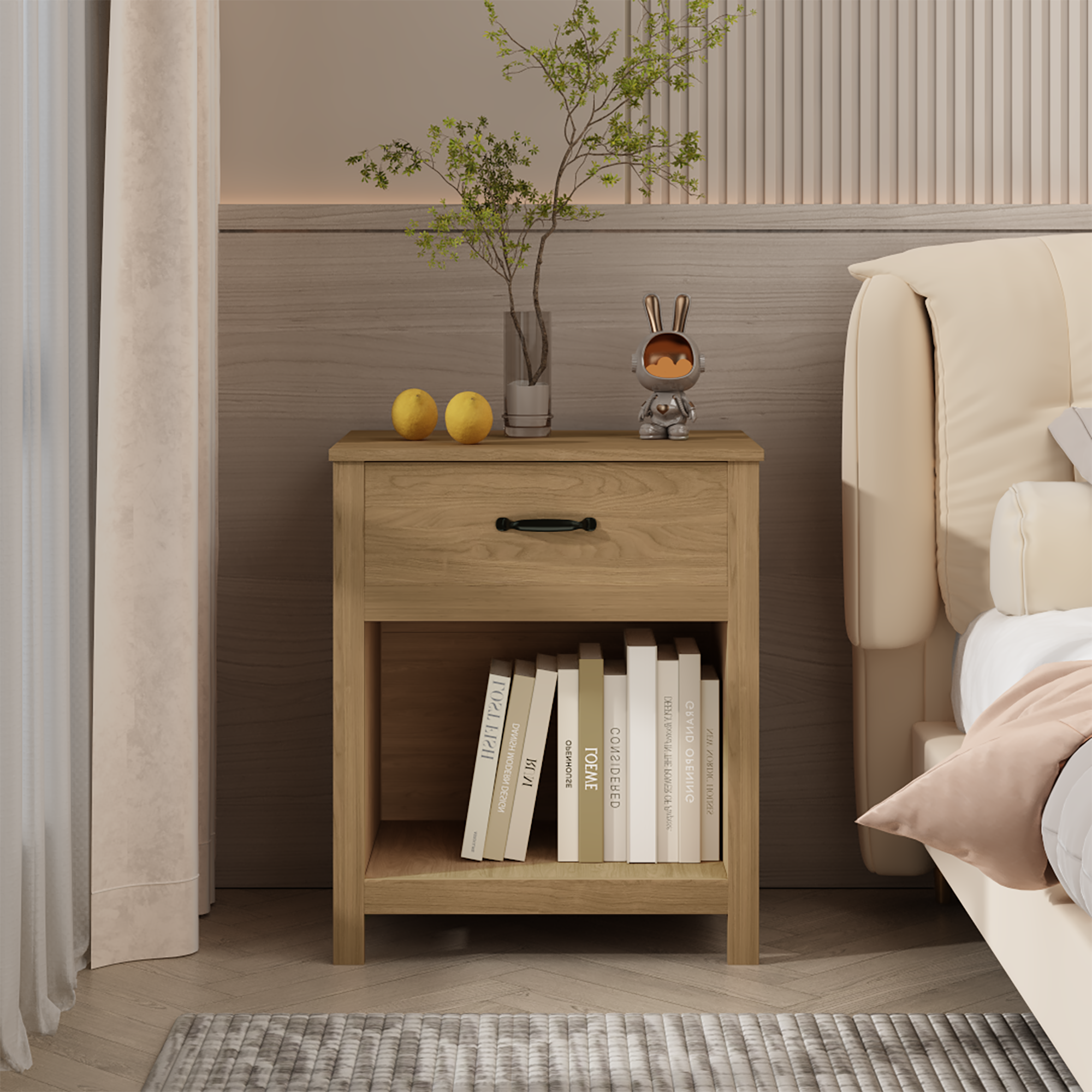 Wood Nightstand with Drawer and Open Shelf, Modern Bedside Table with Storage, Wooden End Table for Bedroom, Living Room or Apartment, Natural Finish, Brown - Grand Goldman Shop