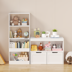 White Book Organizer with Large Drawers and Open Shelves, MDF Toy Storage Cabinet with Removable Wheels and Rounded Edges - G