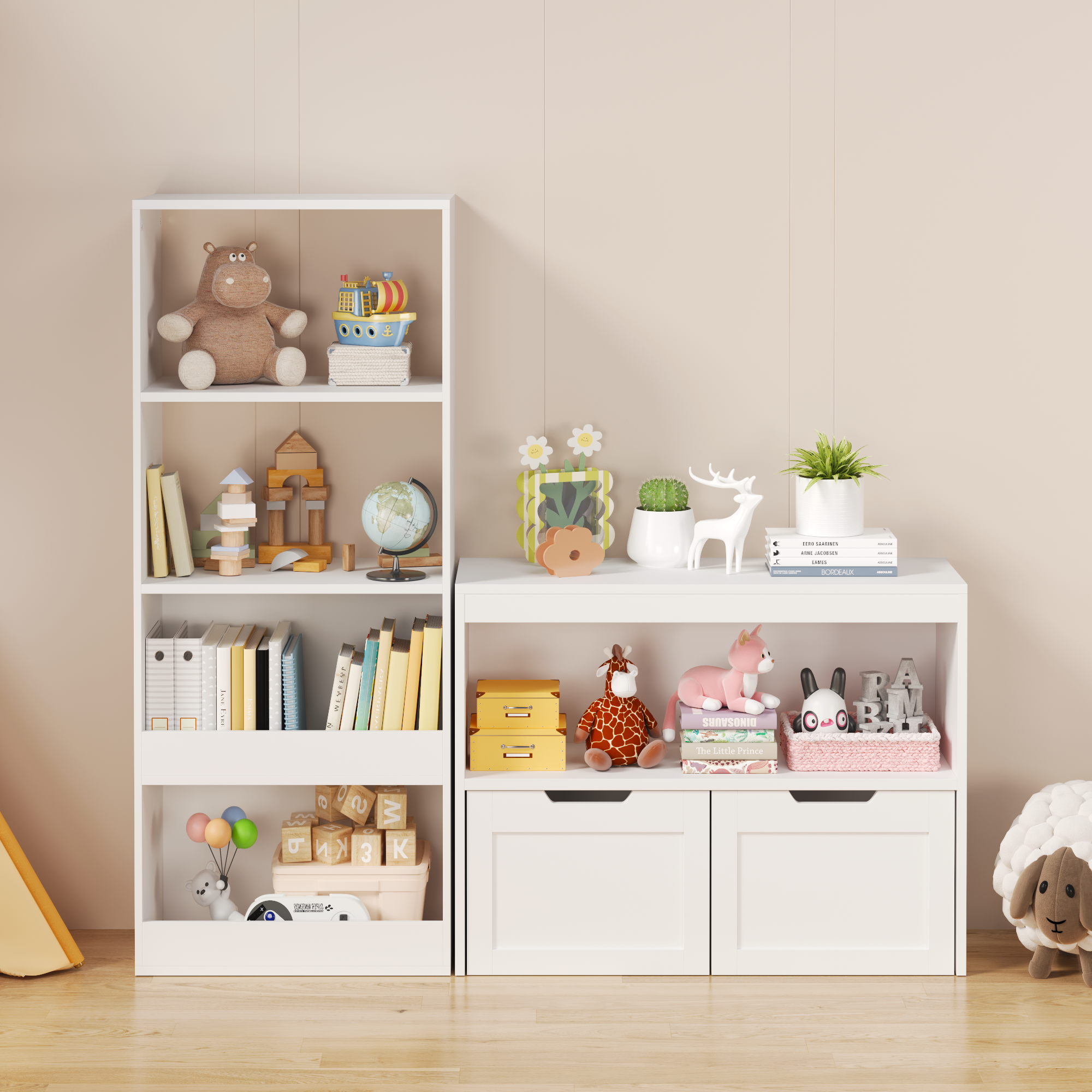 White Book Organizer with Large Drawers and Open Shelves, MDF Toy Storage Cabinet with Removable Wheels and Rounded Edges - G