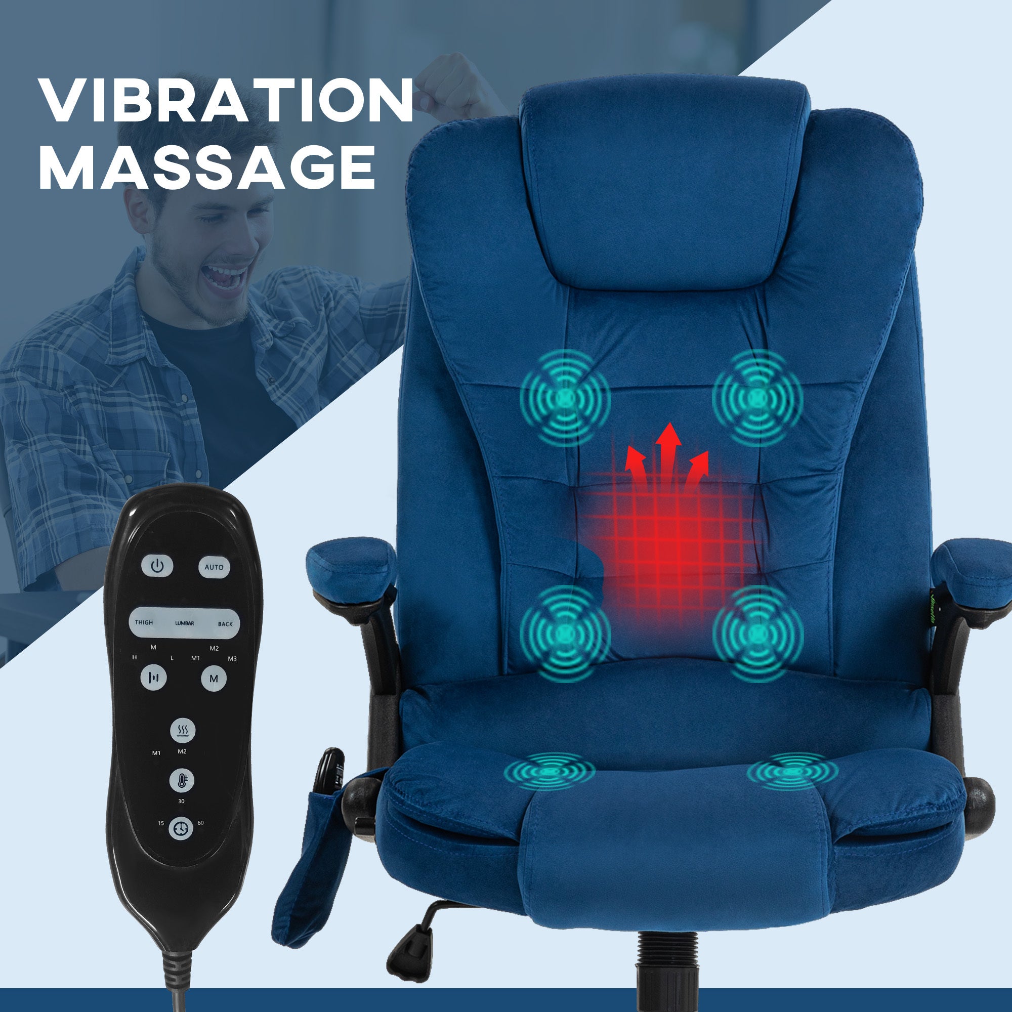 Velvet High Back Vibrating Massage Office Chair, Drak Blue - Grand Goldman