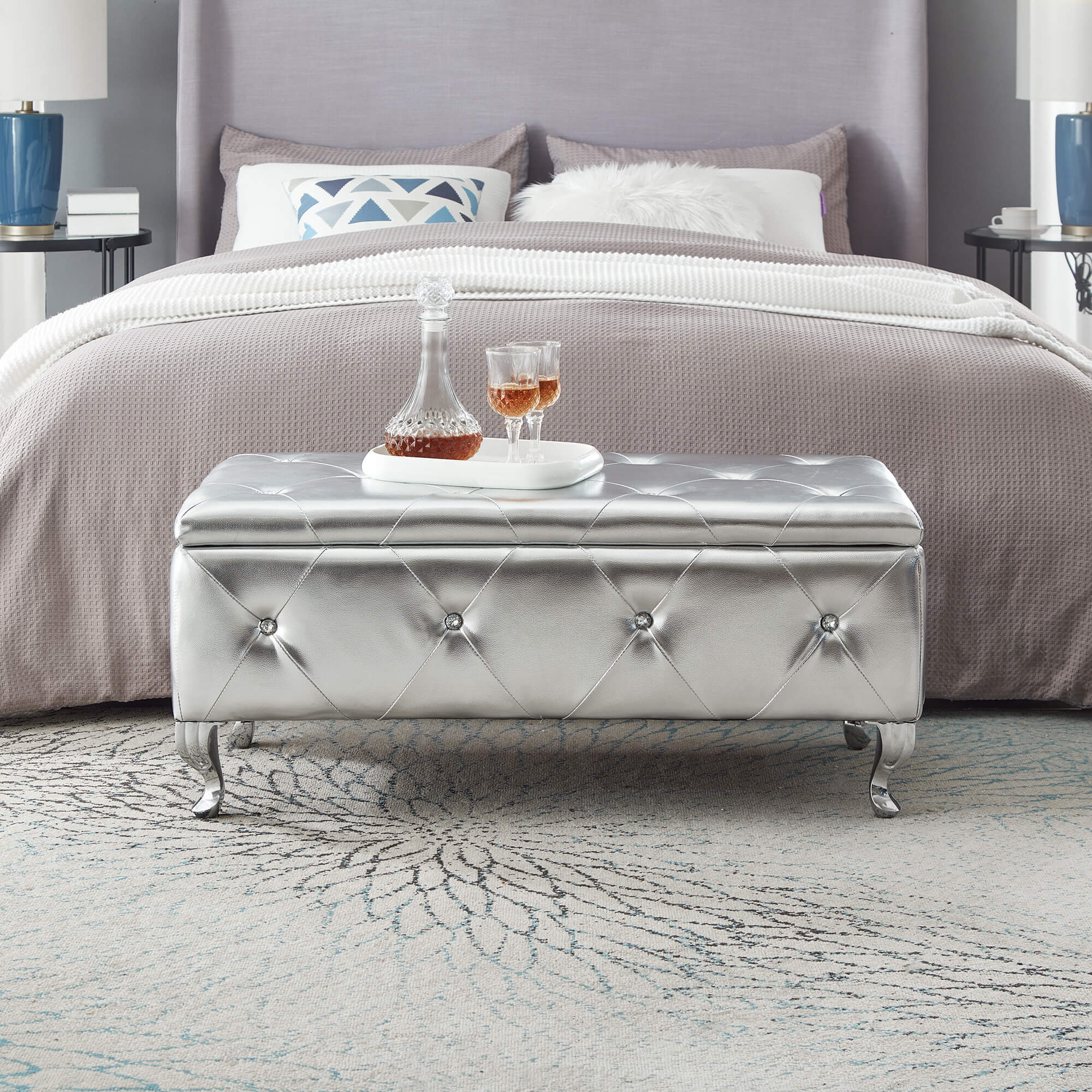 Upholstered Storage Ottoman Bench For Bedroom End Of Bed Faux Leather Rectangular Storage Benches Footrest With Crystal Buttons For Living Room Entryway (Silver) - Grand Goldman Shop