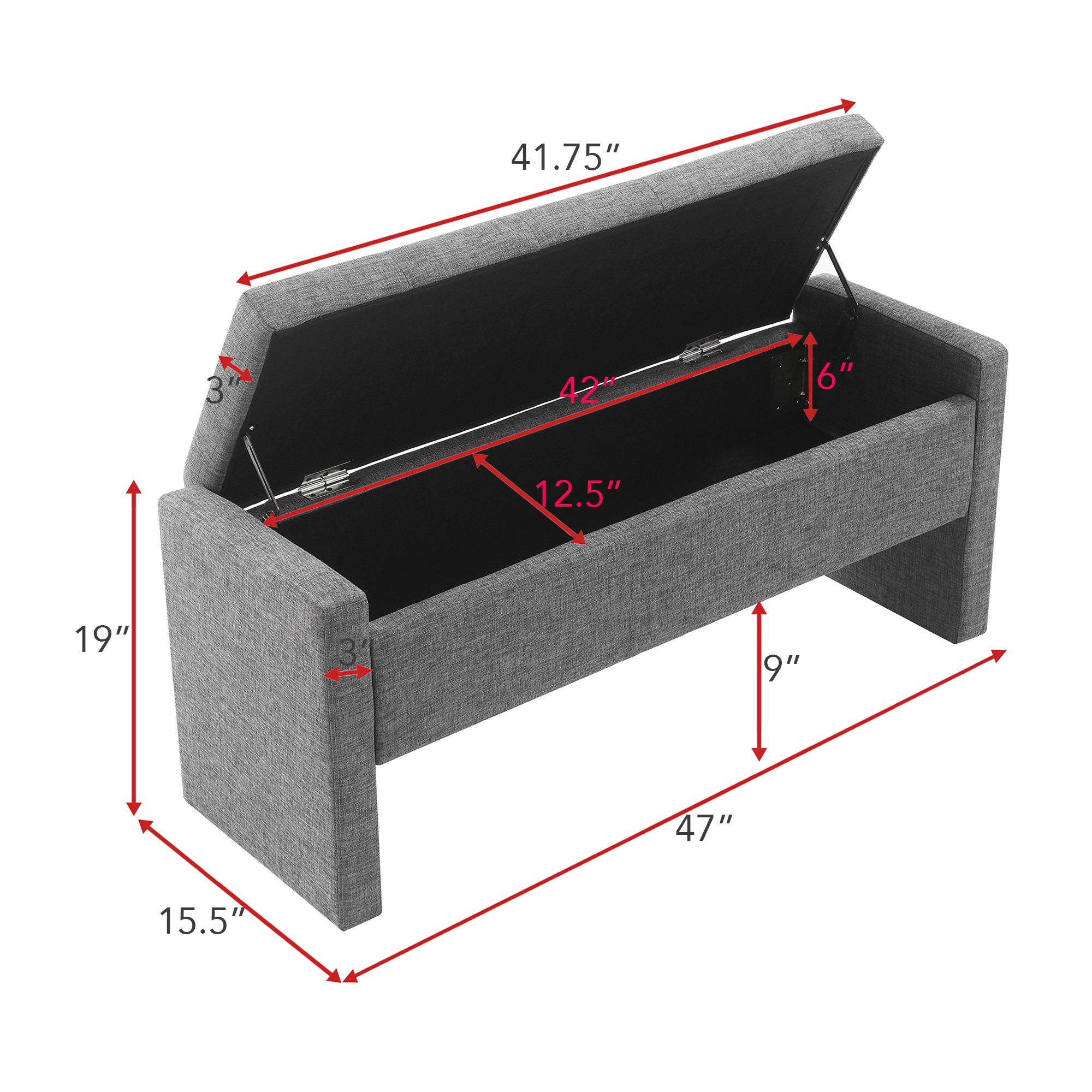 Modern Upholstered Bed End Bench with Storage in Dark Grey Linen, Large Foot Rest Stool for Living Room and Bedroom - Grand Goldman Shop