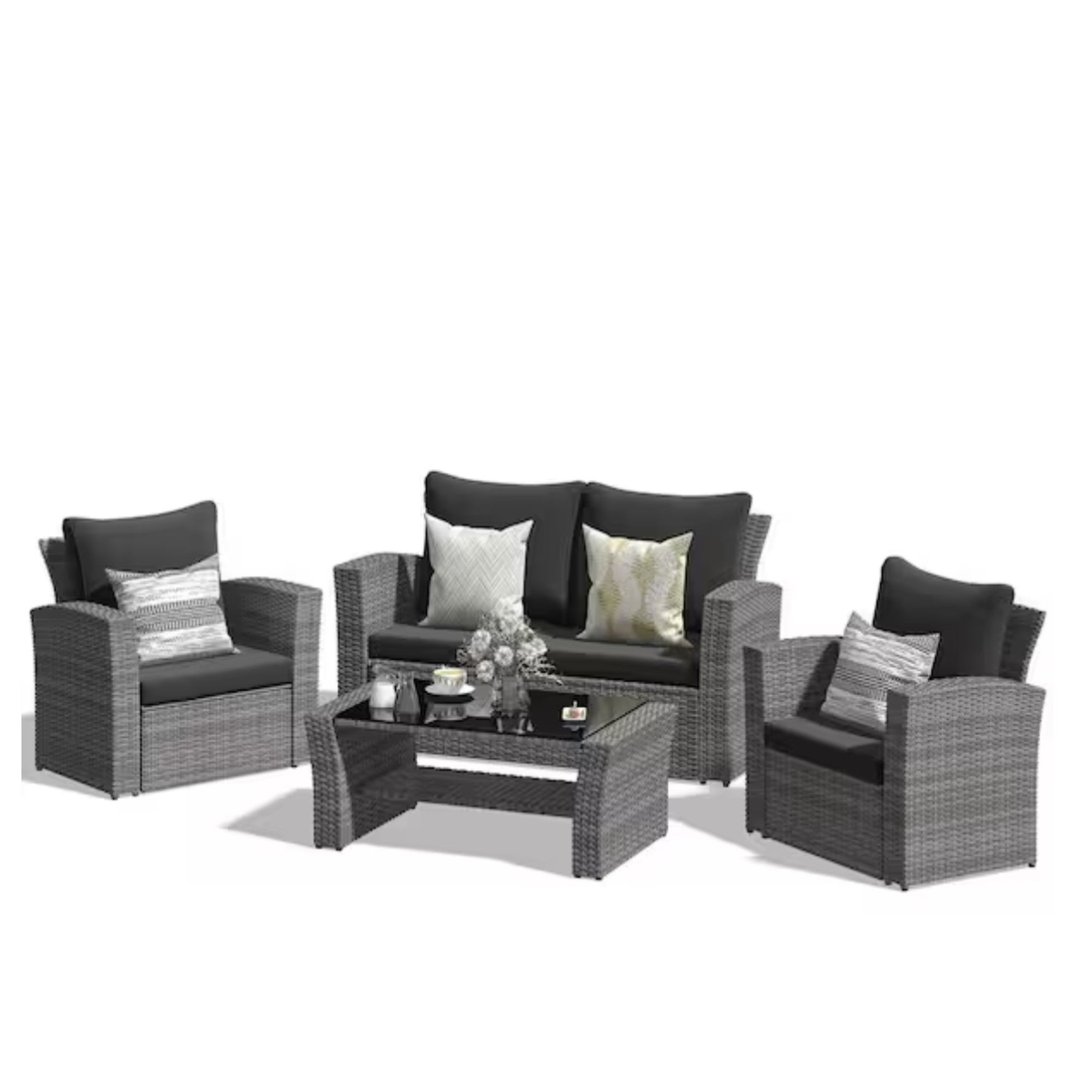 Moderne 4-teilige Loungegruppe aus Polyrattan mit gehärteter Glasplatte und schwarzen Auflagen in Schwarz-Braun