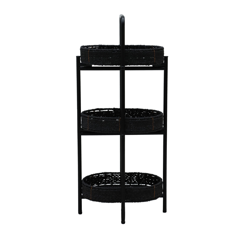 Modern 3-Tier Handwoven Side Table with Oval Organizer in Black Metal and Paper Rope - Grand Goldman Shop