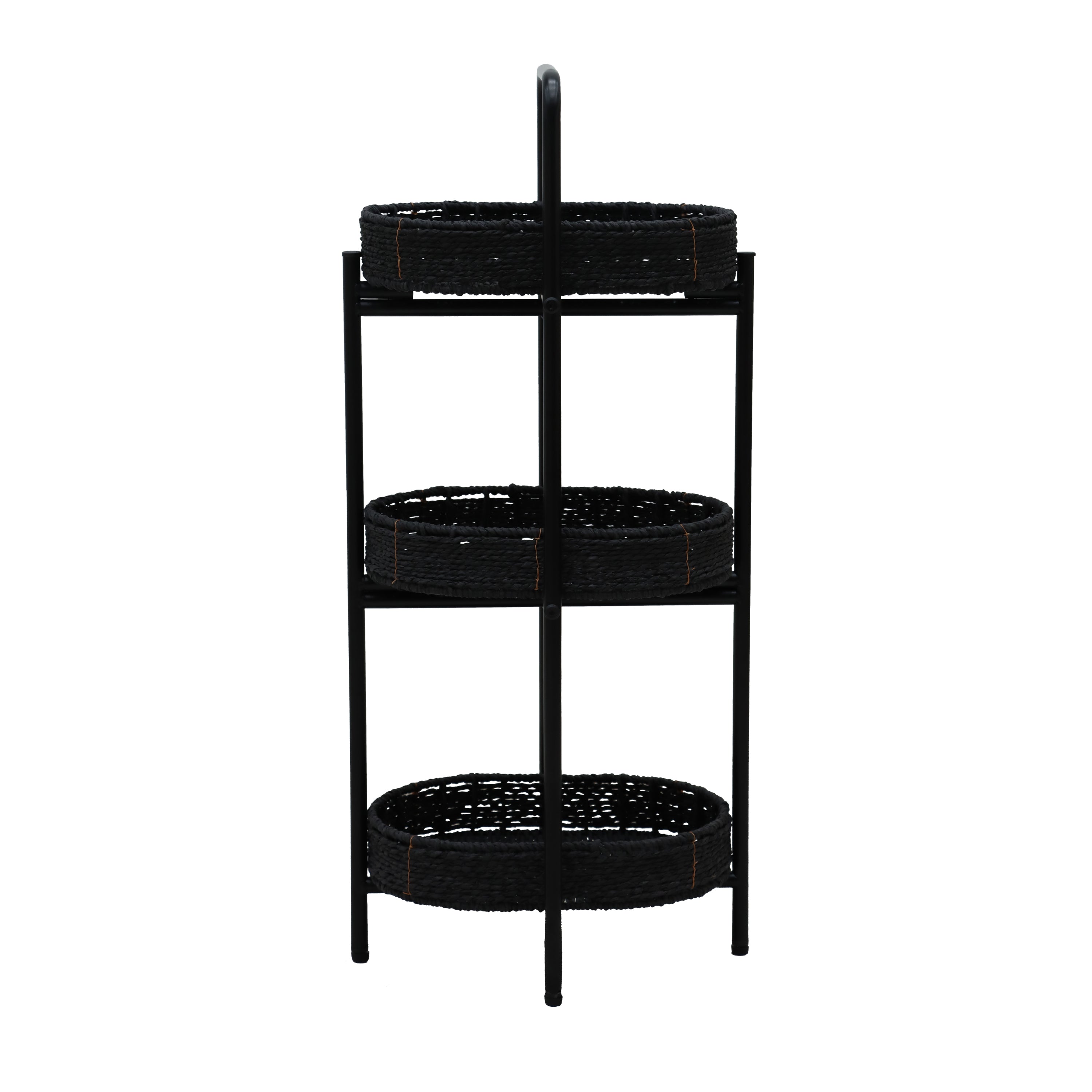 Modern 3-Tier Handwoven Side Table with Oval Organizer in Black Metal and Paper Rope - Grand Goldman Shop
